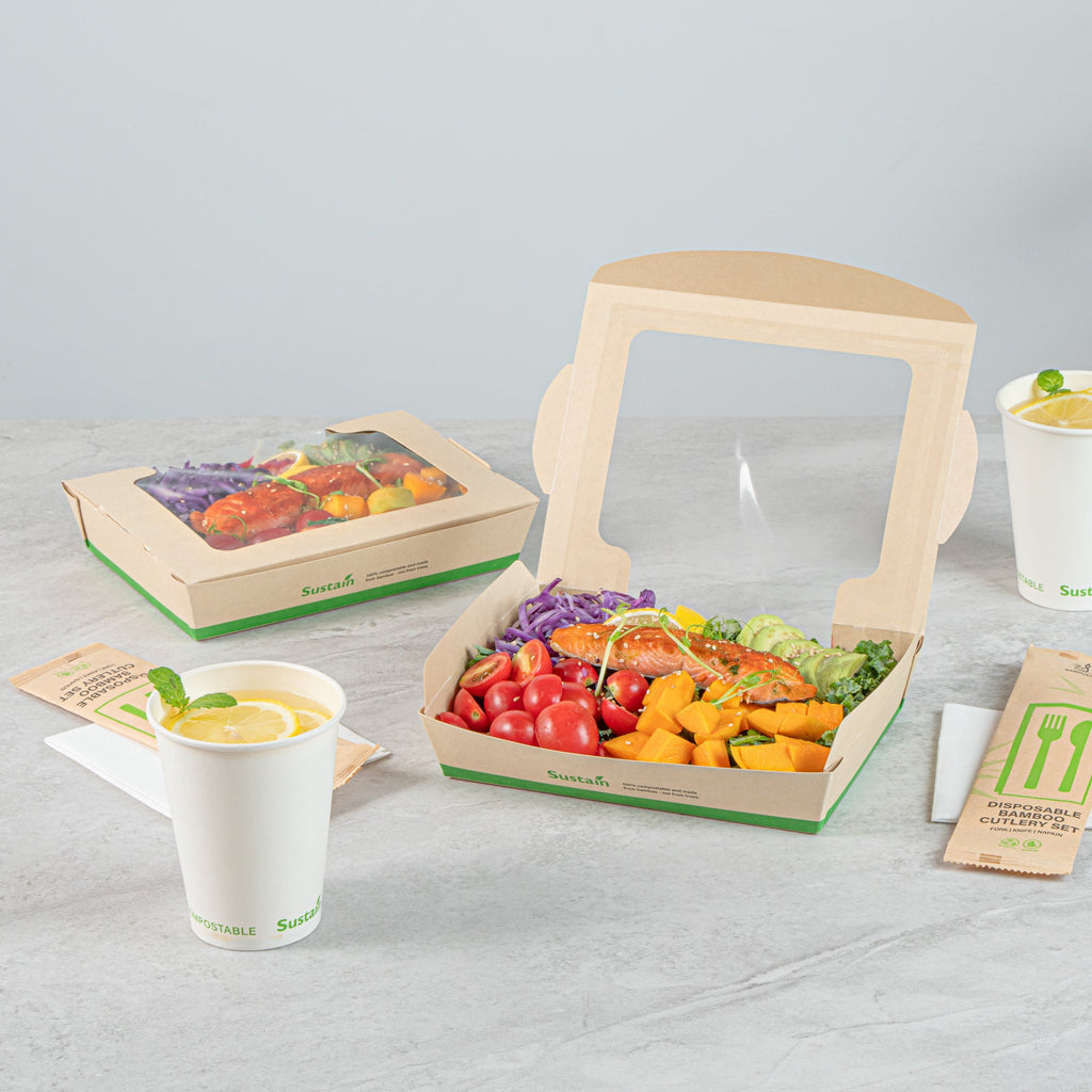 Sustain 40 oz Bamboo Paper Large Bio Salad Box - with PLA Lining and Window, Compostable - 8 1/4" x 6 1/4" x 1 1/2" - 200 count box
