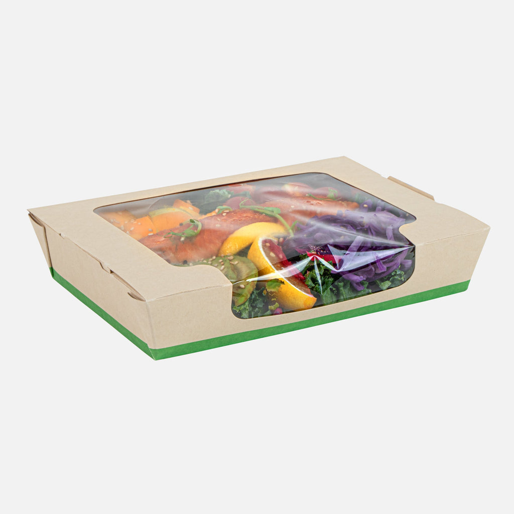 Sustain 40 oz Bamboo Paper Large Bio Salad Box - with PLA Lining and Window, Compostable - 8 1/4" x 6 1/4" x 1 1/2" - 50 count box
