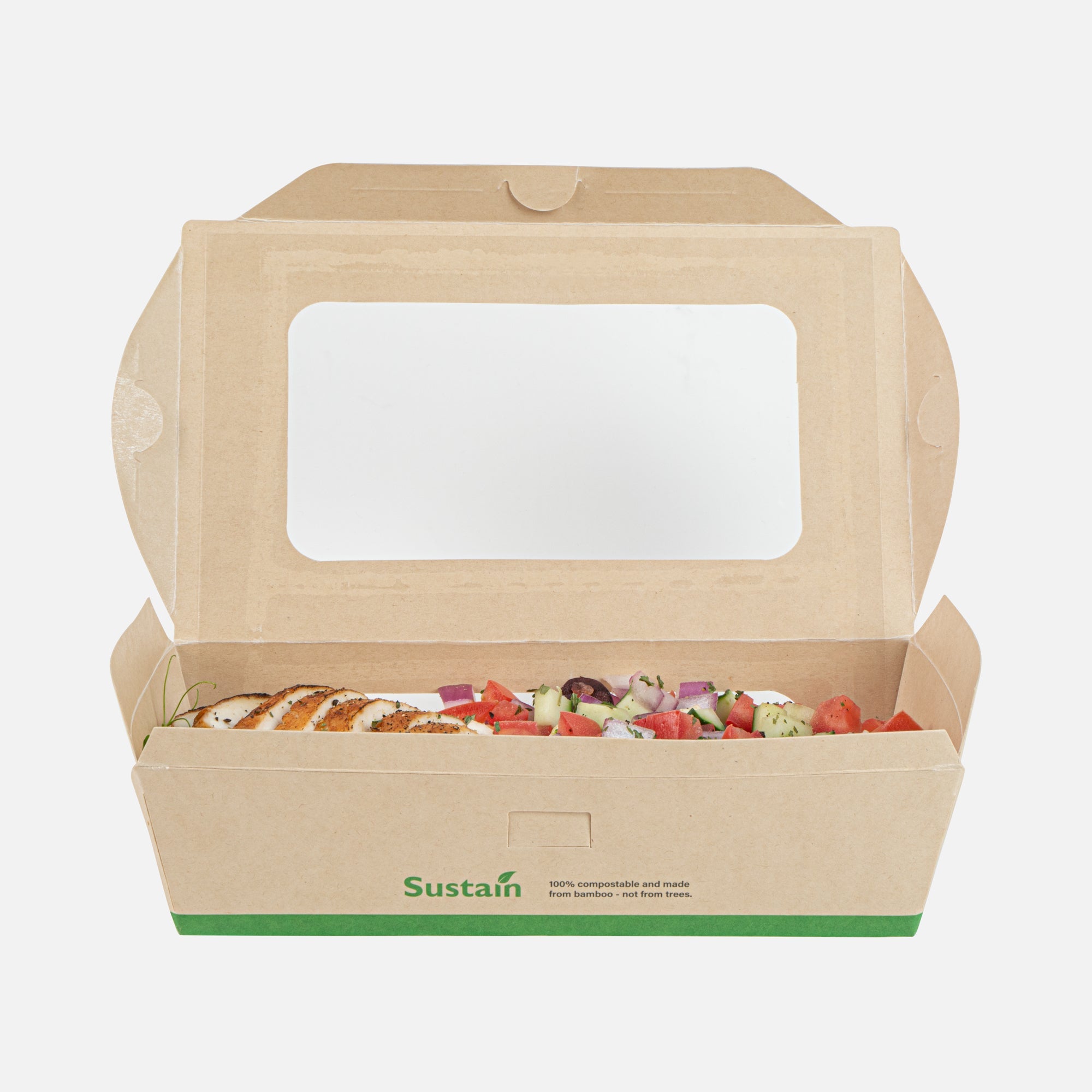 Sustain 40 oz Bamboo Paper Large Bio Salad Box - with PLA Lining and Window, Compostable - 8 1/4" x 6 1/4" x 1 1/2" - 50 count box