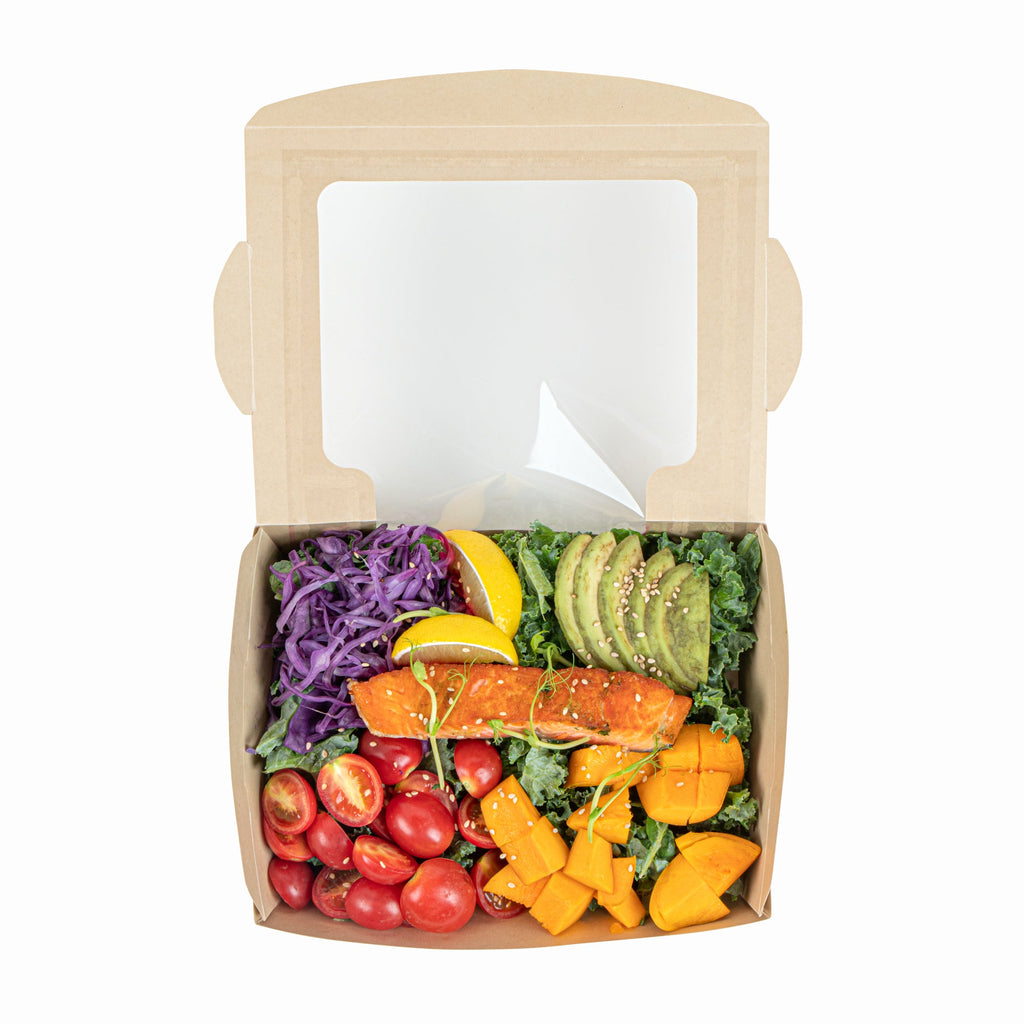 Sustain 40 oz Bamboo Paper Large Bio Salad Box - with PLA Lining and Window, Compostable - 8 1/4" x 6 1/4" x 1 1/2" - 50 count box