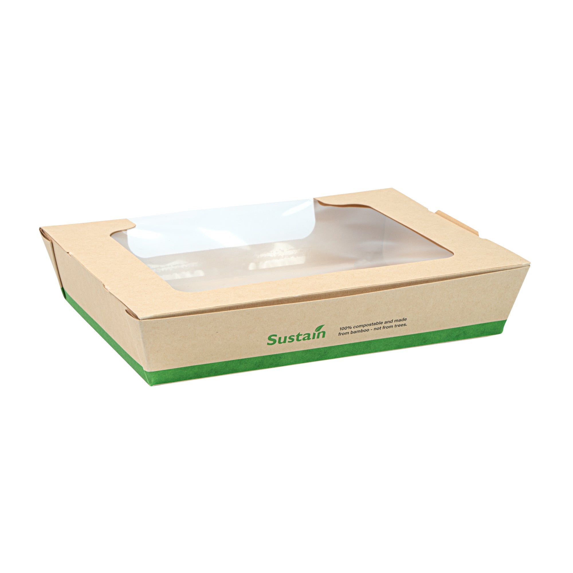 Sustain 40 oz Bamboo Paper Large Bio Salad Box - with PLA Lining and Window, Compostable - 8 1/4" x 6 1/4" x 1 1/2" - 50 count box