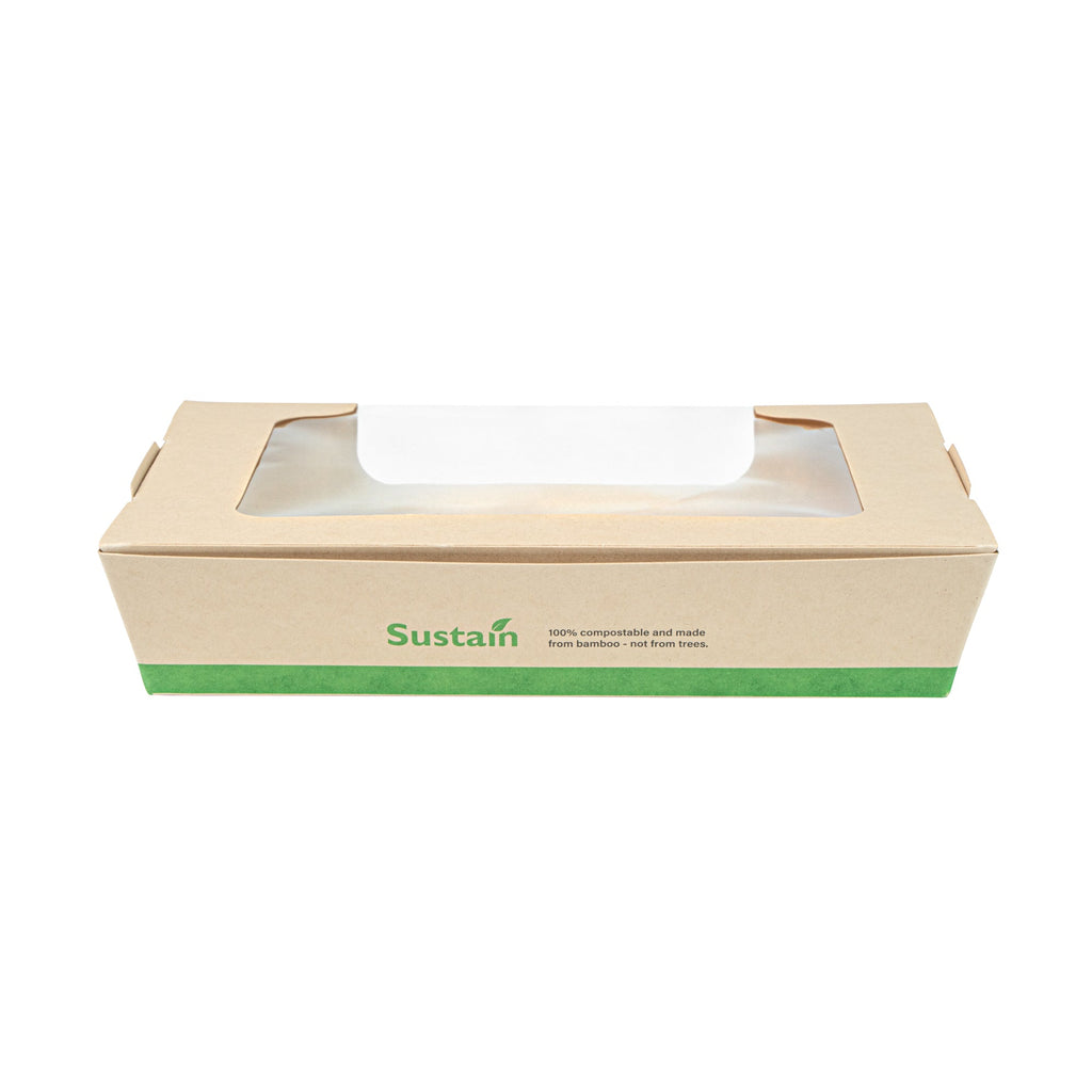 Sustain 40 oz Bamboo Paper Large Bio Salad Box - with PLA Lining and Window, Compostable - 8 1/4" x 6 1/4" x 1 1/2" - 50 count box