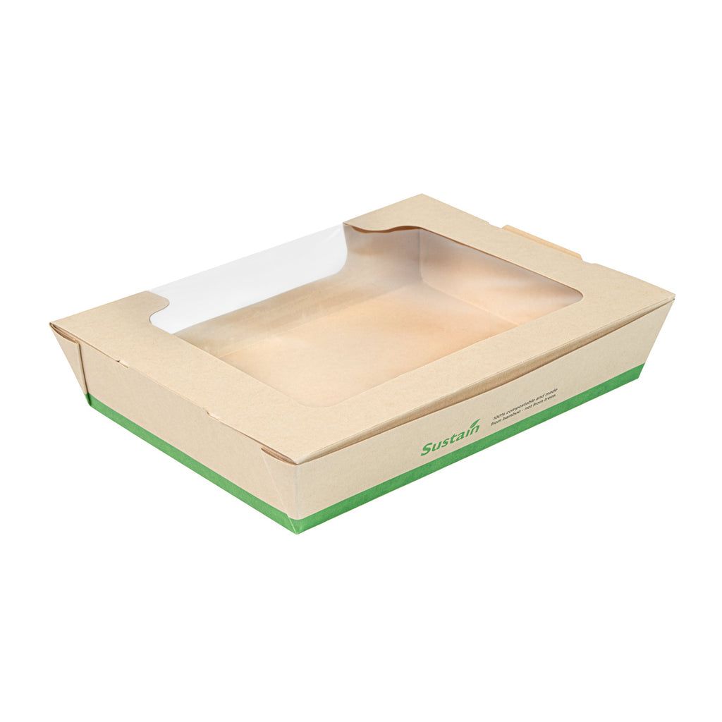 Sustain 40 oz Bamboo Paper Large Bio Salad Box - with PLA Lining and Window, Compostable - 8 1/4" x 6 1/4" x 1 1/2" - 50 count box
