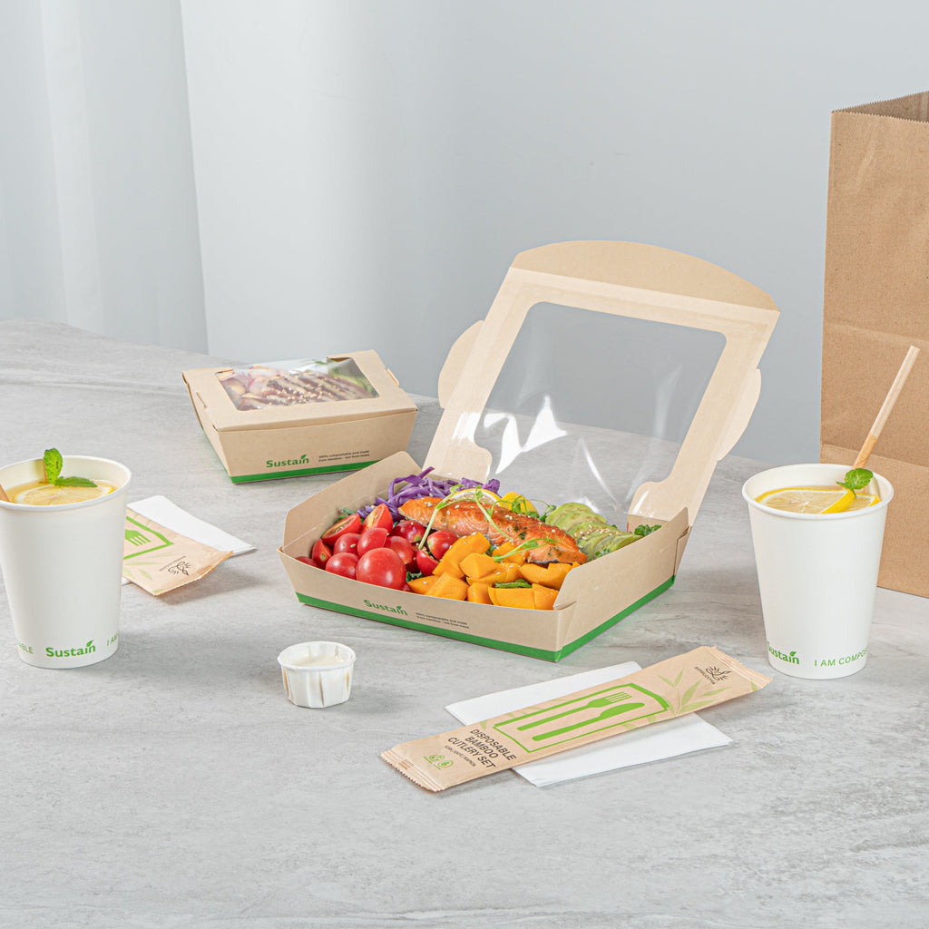 Sustain 40 oz Bamboo Paper Large Bio Salad Box - with PLA Lining and Window, Compostable - 8 1/4" x 6 1/4" x 1 1/2" - 50 count box