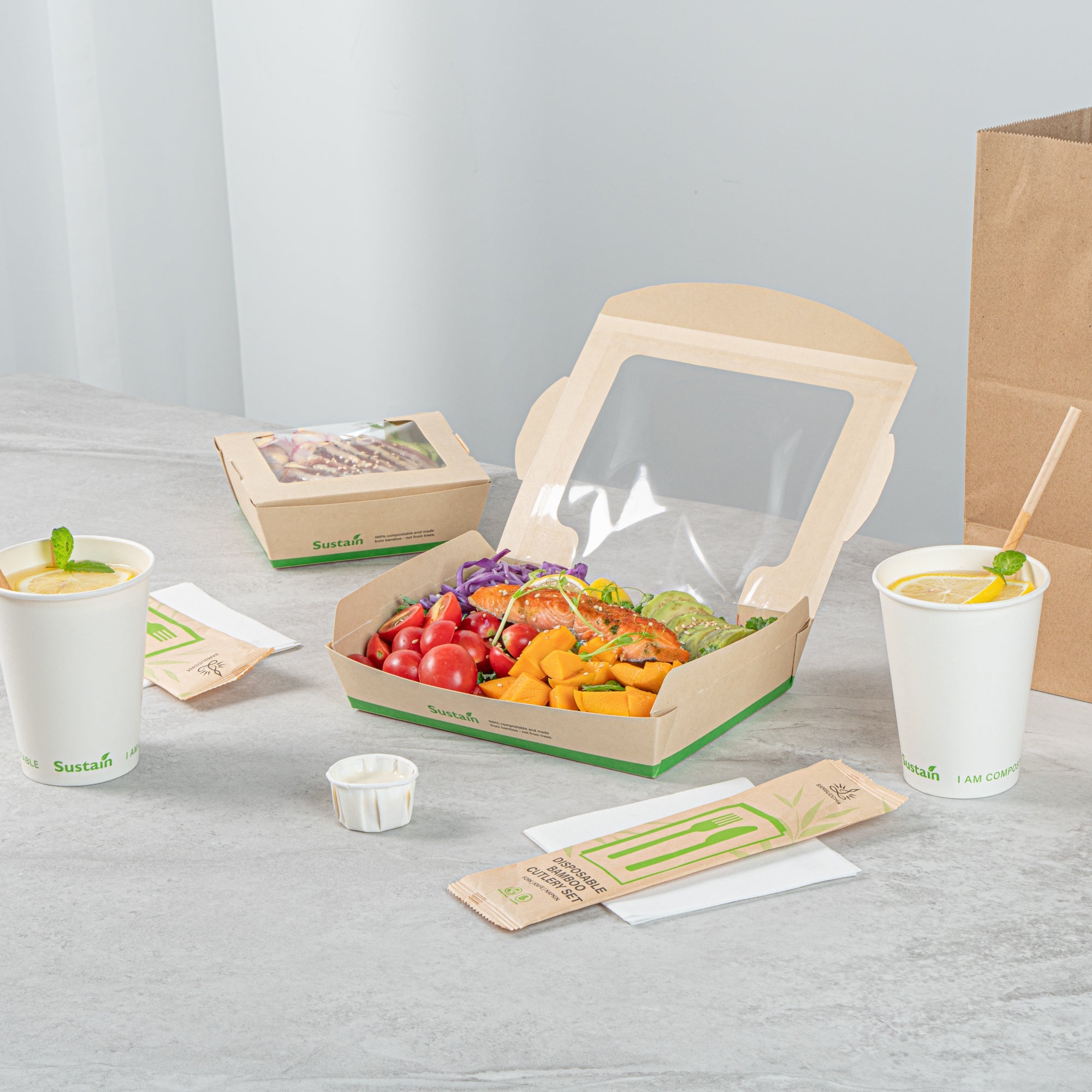 Sustain 40 oz Bamboo Paper Large Bio Salad Box - with PLA Lining and Window, Compostable - 8 1/4" x 6 1/4" x 1 1/2" - 50 count box