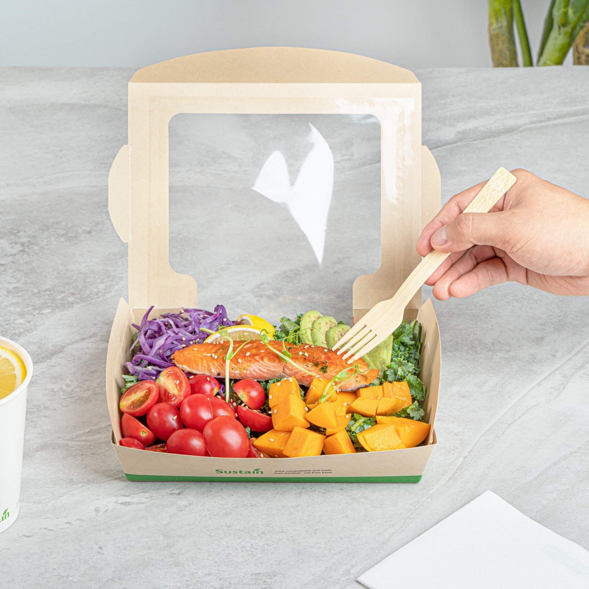 Sustain 40 oz Bamboo Paper Large Bio Salad Box - with PLA Lining and Window, Compostable - 8 1/4" x 6 1/4" x 1 1/2" - 50 count box