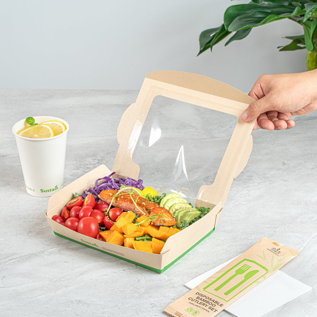 Sustain 40 oz Bamboo Paper Large Bio Salad Box - with PLA Lining and Window, Compostable - 8 1/4" x 6 1/4" x 1 1/2" - 50 count box