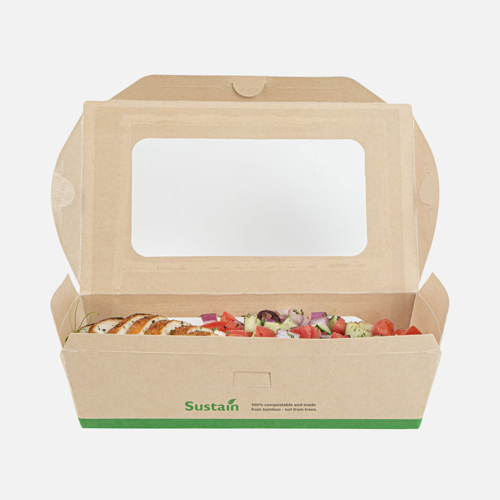 Sustain 40 oz Bamboo Paper Large Bio Salad Box - with PLA Lining and Window, Compostable - 8 1/4" x 6 1/4" x 1 1/2" - 200 count box