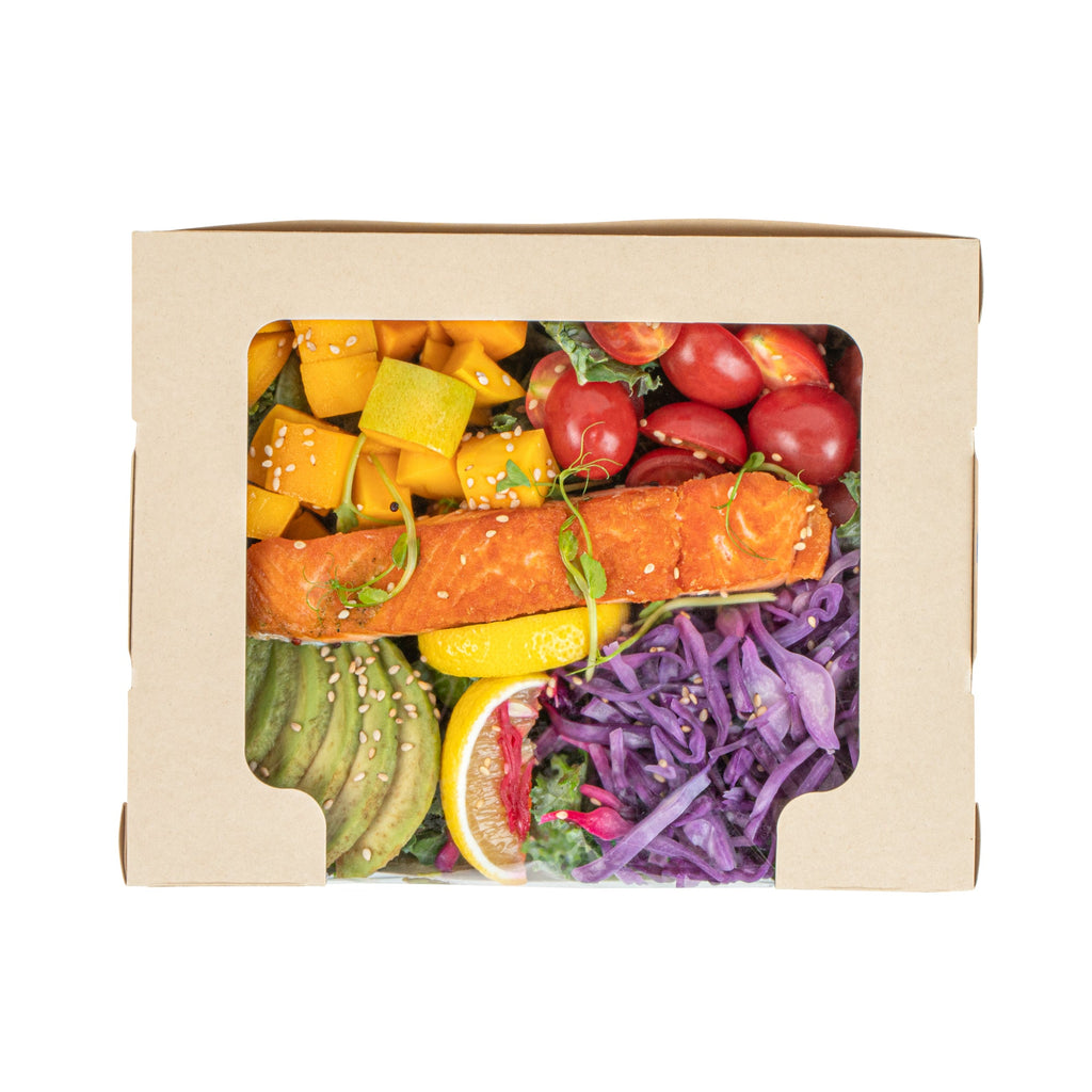 Sustain 40 oz Bamboo Paper Large Bio Salad Box - with PLA Lining and Window, Compostable - 8 1/4" x 6 1/4" x 1 1/2" - 200 count box