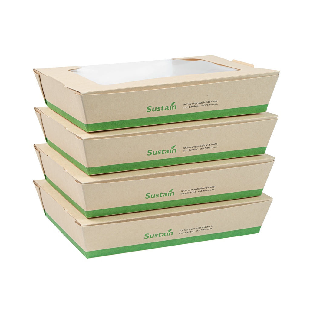 Sustain 40 oz Bamboo Paper Large Bio Salad Box - with PLA Lining and Window, Compostable - 8 1/4" x 6 1/4" x 1 1/2" - 200 count box
