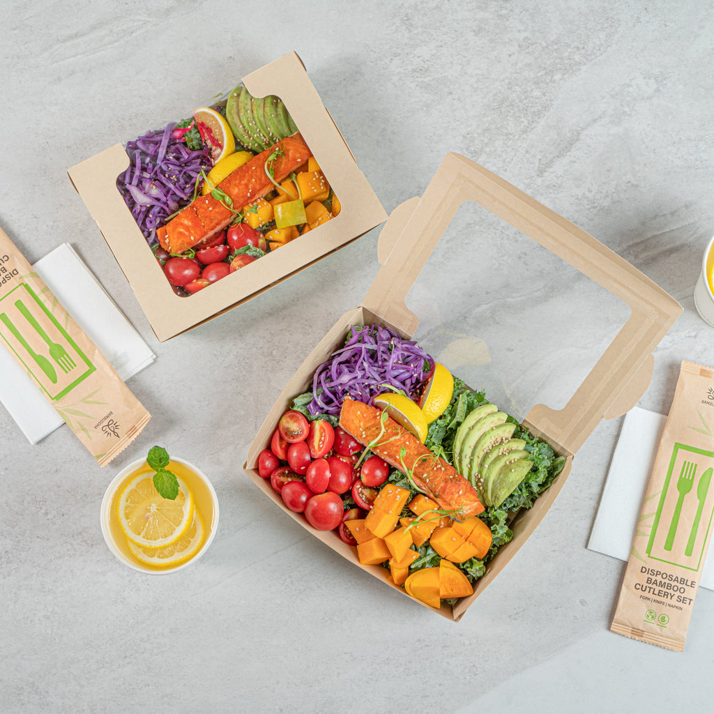 Sustain 40 oz Bamboo Paper Large Bio Salad Box - with PLA Lining and Window, Compostable - 8 1/4" x 6 1/4" x 1 1/2" - 200 count box
