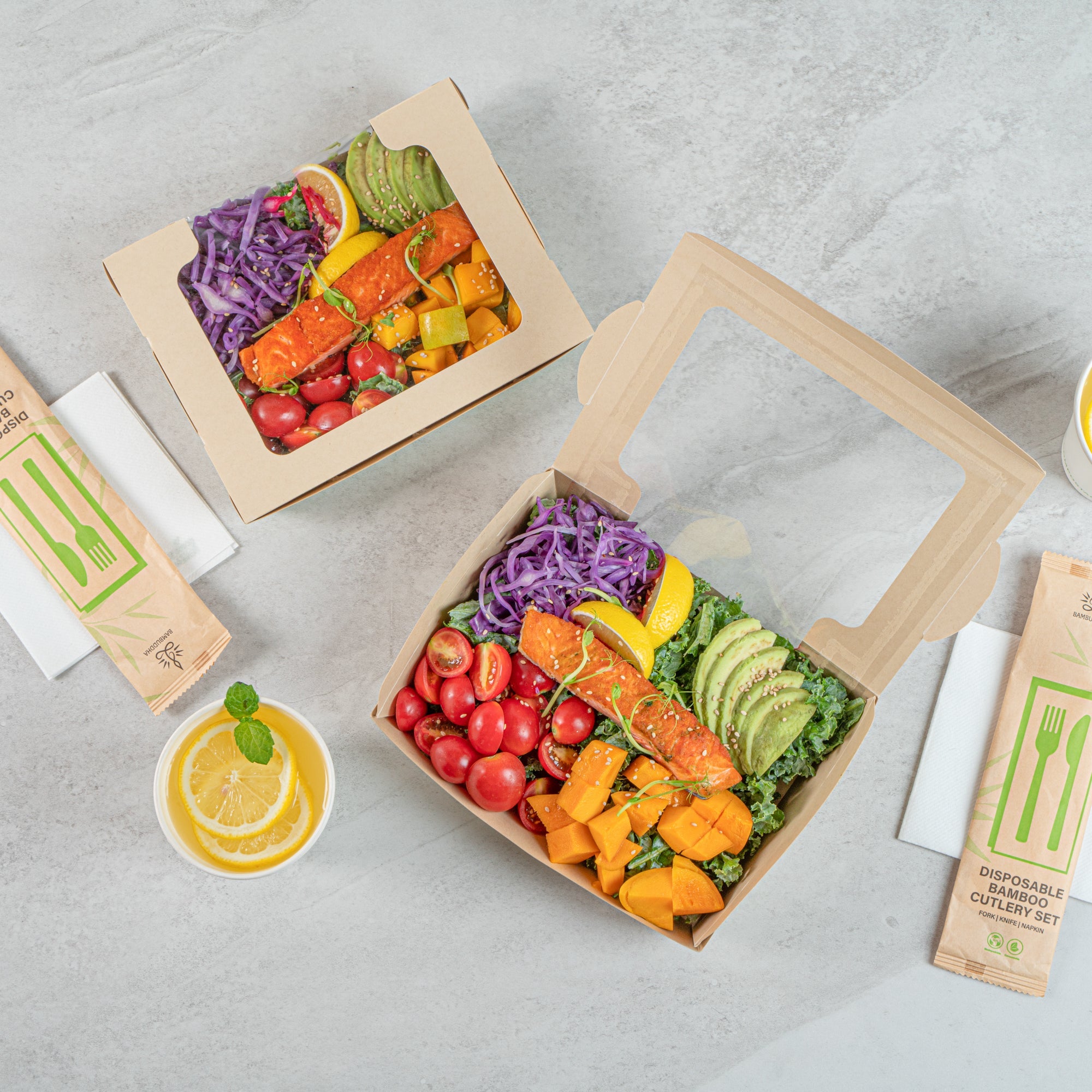 Sustain 40 oz Bamboo Paper Large Bio Salad Box - with PLA Lining and Window, Compostable - 8 1/4" x 6 1/4" x 1 1/2" - 200 count box