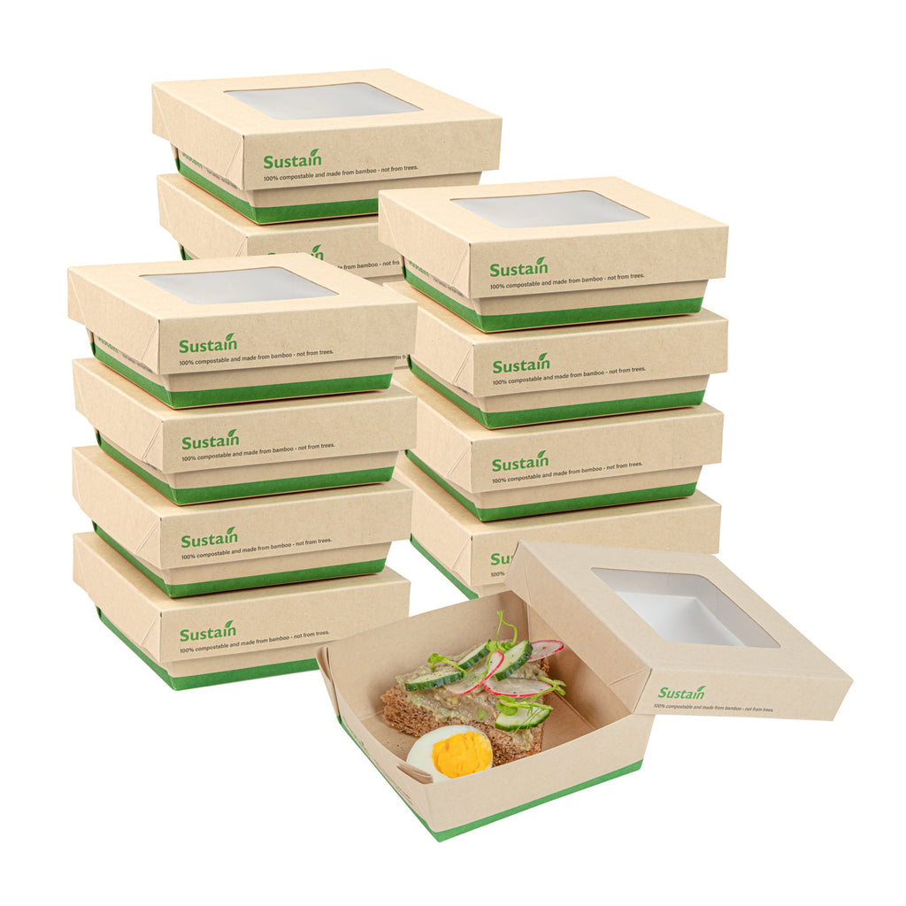 Sustain 13 oz Bamboo Paper Small Take Out Container - with PLA Lining and Window, Compostable - 4 1/2" x 4 1/2" x 1 1/2" - 200 count box