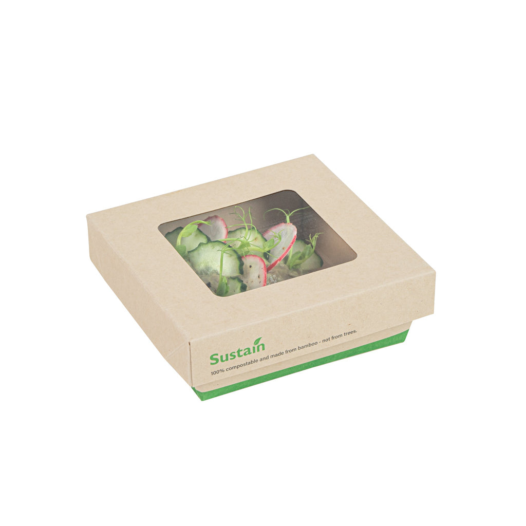 Sustain 13 oz Bamboo Paper Small Take Out Container - with PLA Lining and Window, Compostable - 4 1/2" x 4 1/2" x 1 1/2" - 50 count box