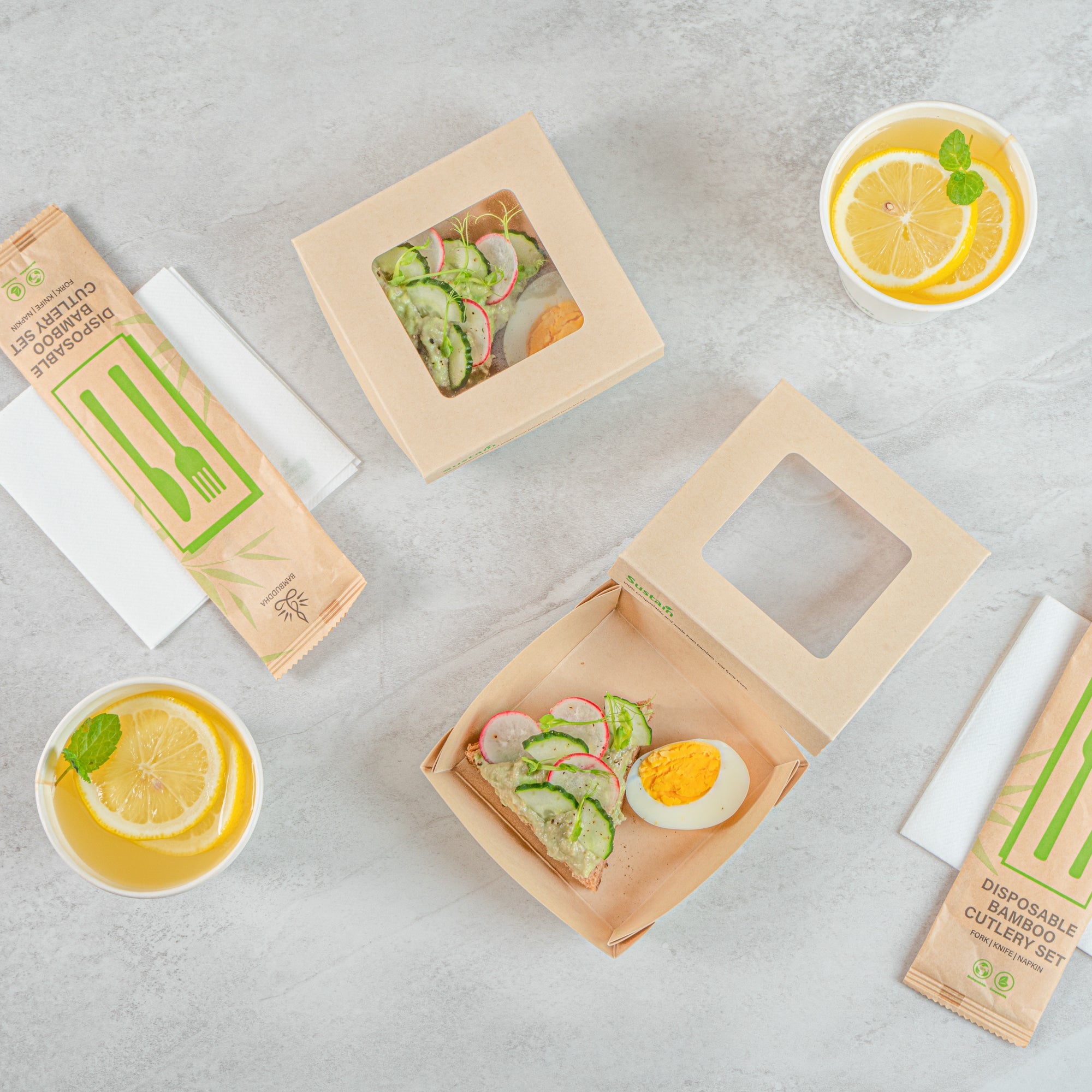 Sustain 13 oz Bamboo Paper Small Take Out Container - with PLA Lining and Window, Compostable - 4 1/2" x 4 1/2" x 1 1/2" - 50 count box