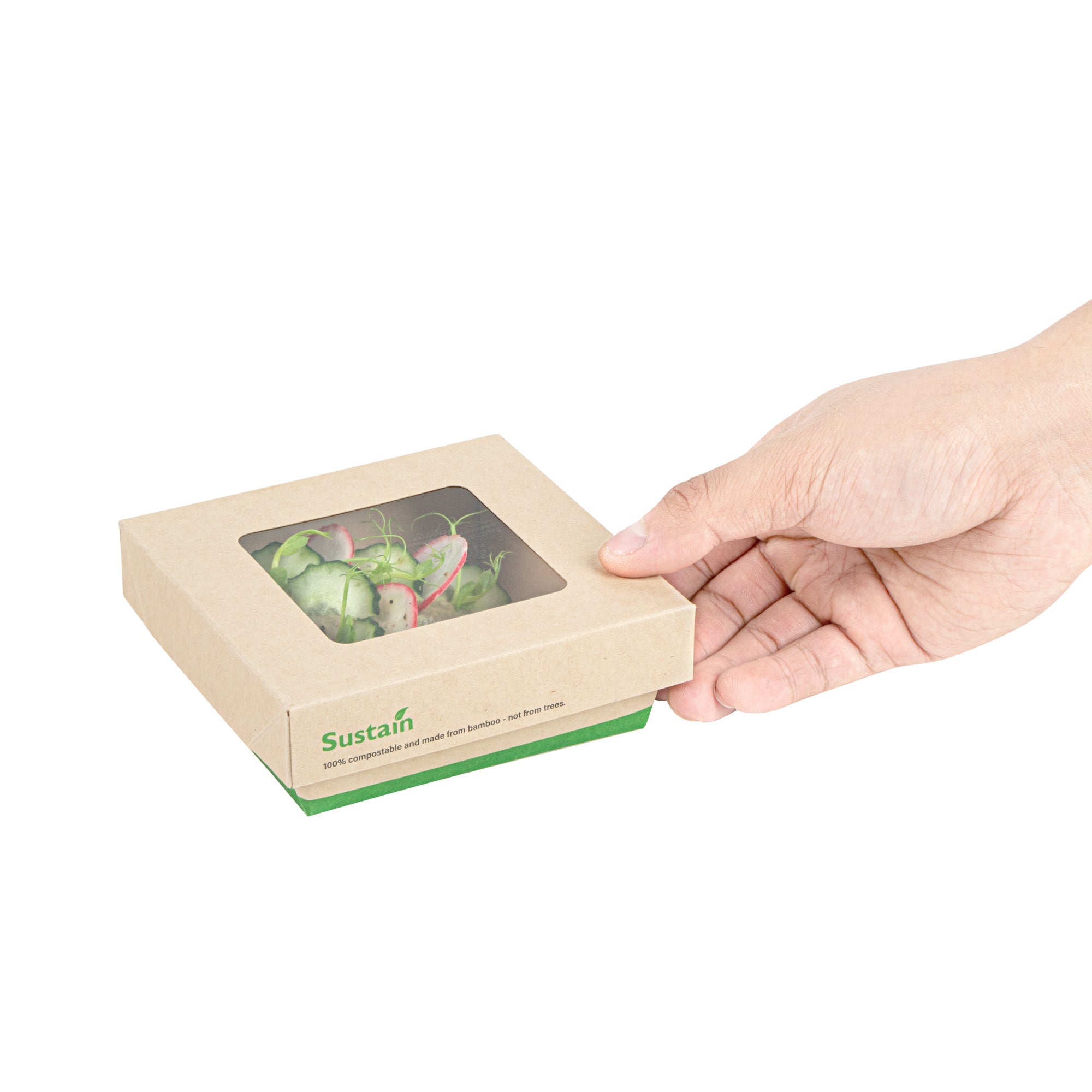 Sustain 13 oz Bamboo Paper Small Take Out Container - with PLA Lining and Window, Compostable - 4 1/2" x 4 1/2" x 1 1/2" - 50 count box