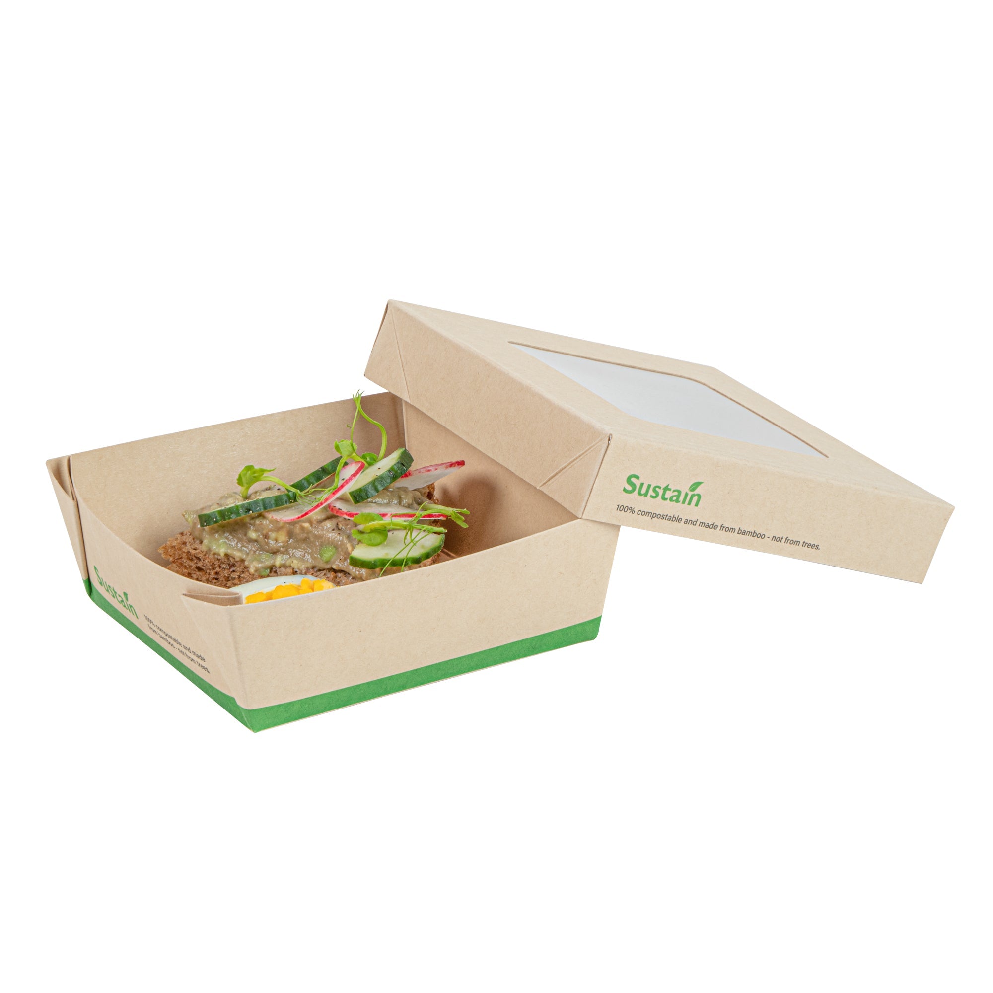 Sustain 13 oz Bamboo Paper Small Take Out Container - with PLA Lining and Window, Compostable - 4 1/2" x 4 1/2" x 1 1/2" - 50 count box