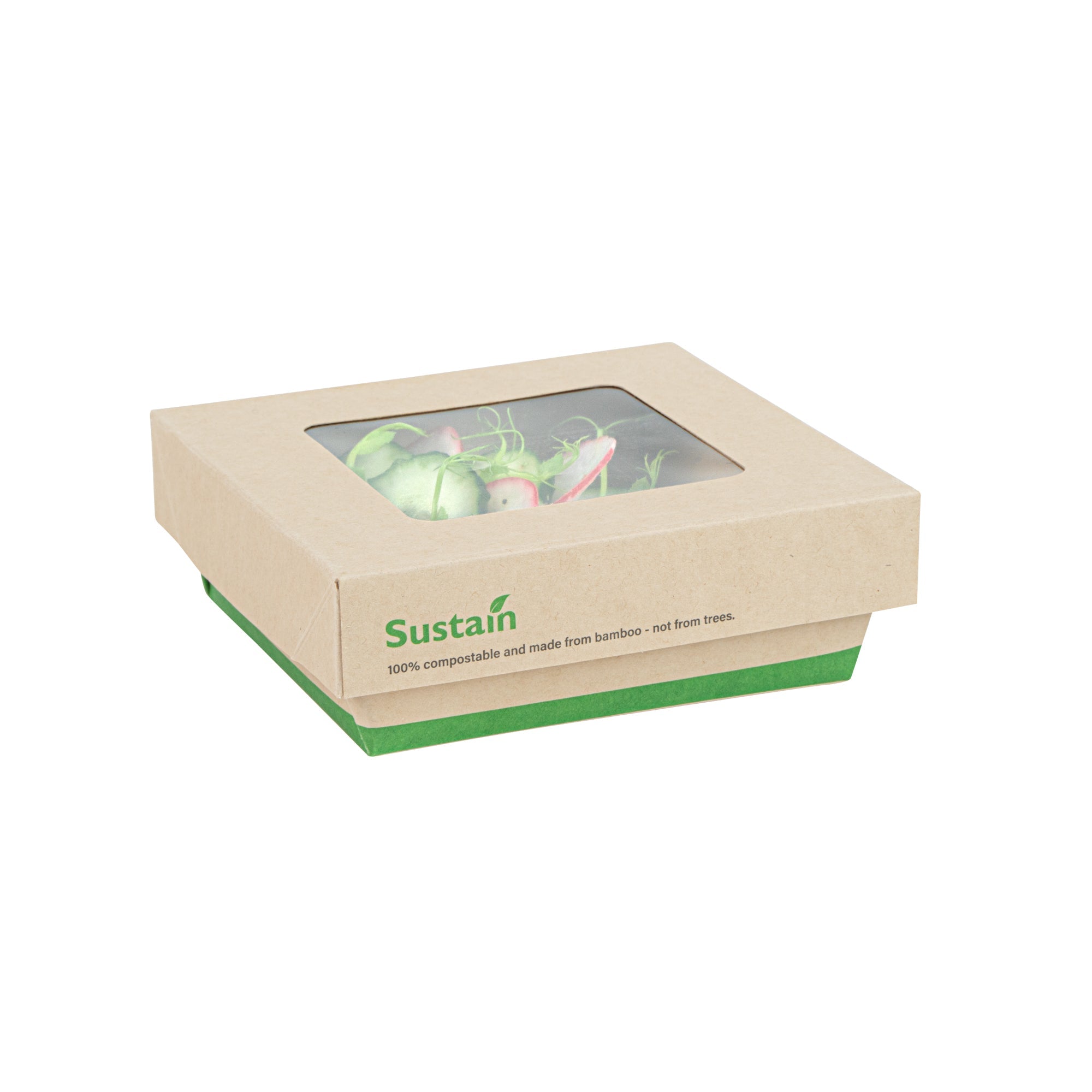 Sustain 13 oz Bamboo Paper Small Take Out Container - with PLA Lining and Window, Compostable - 4 1/2" x 4 1/2" x 1 1/2" - 50 count box