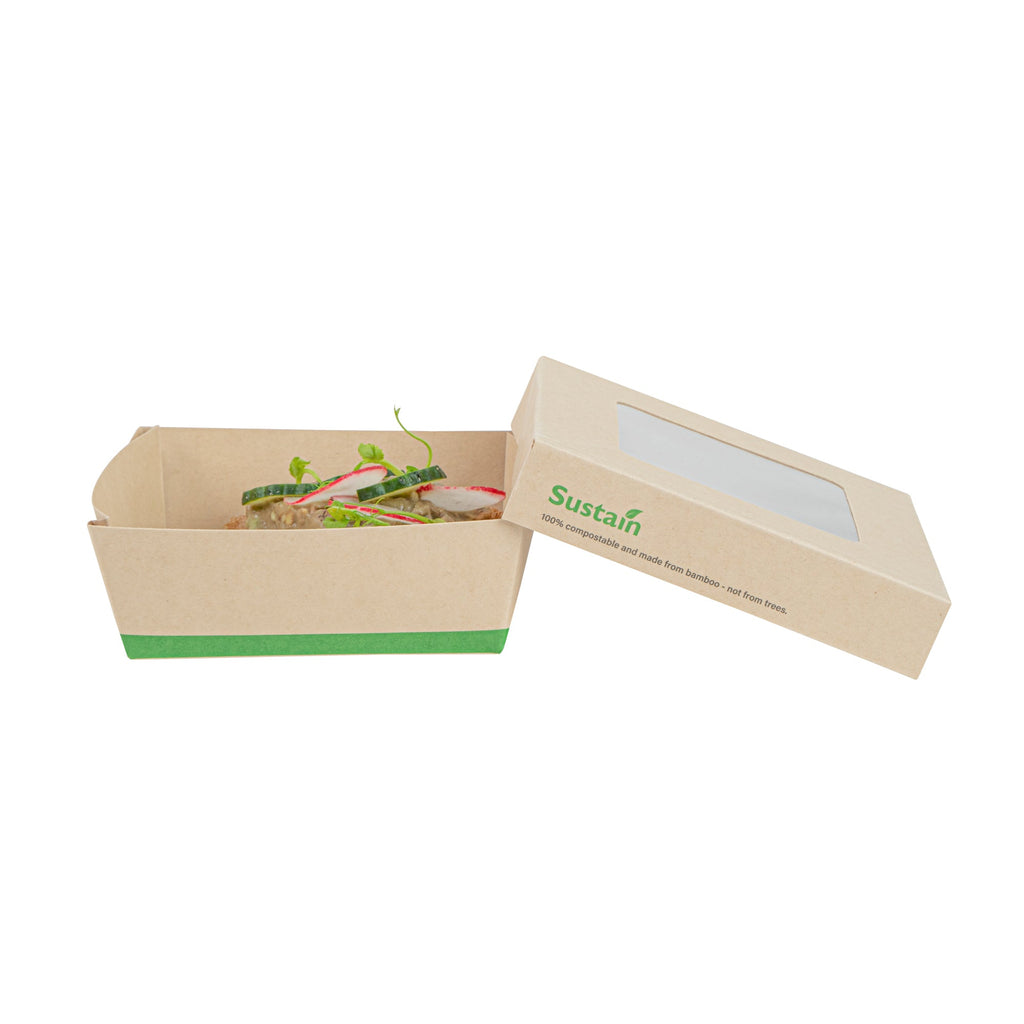 Sustain 13 oz Bamboo Paper Small Take Out Container - with PLA Lining and Window, Compostable - 4 1/2" x 4 1/2" x 1 1/2" - 50 count box