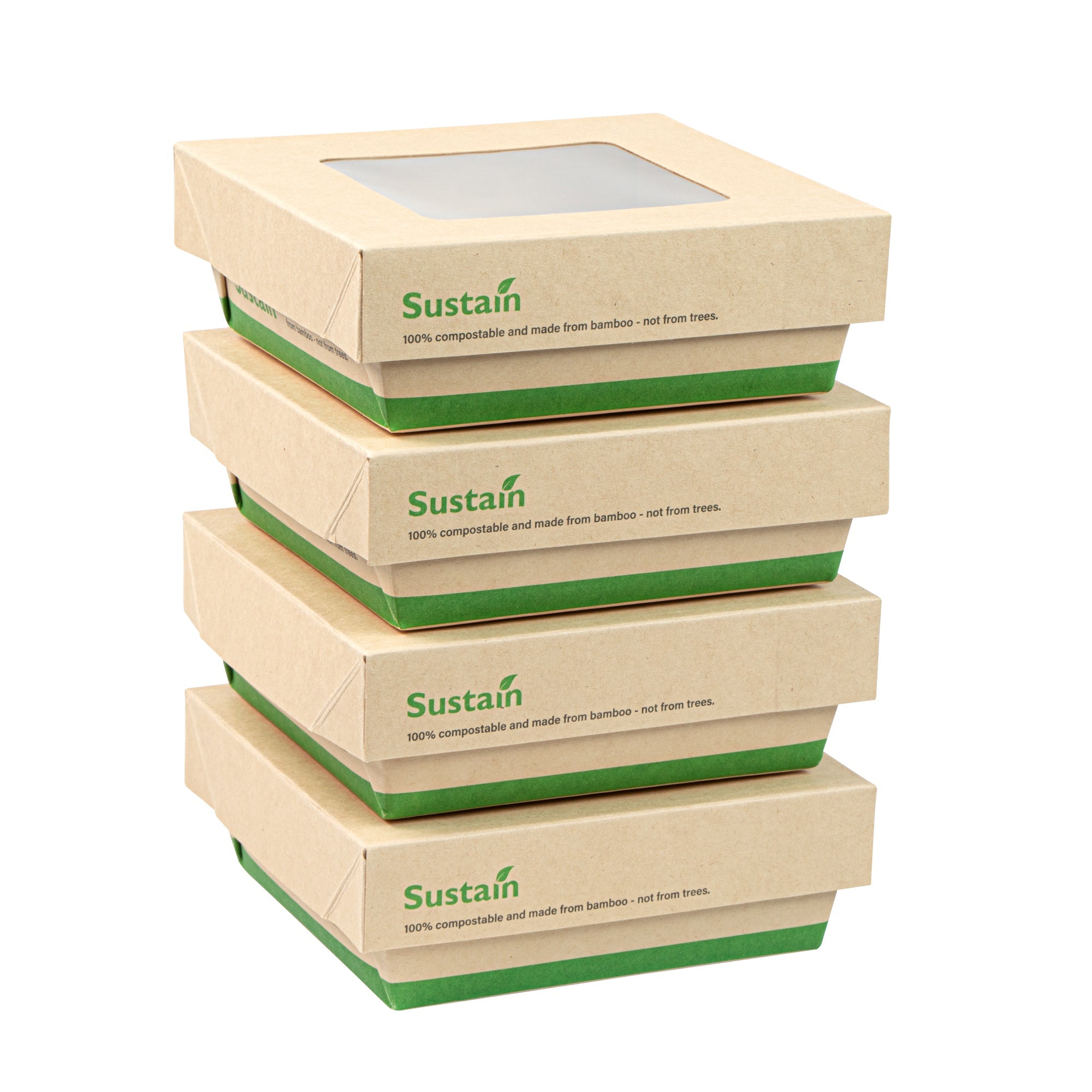 Sustain 13 oz Bamboo Paper Small Take Out Container - with PLA Lining and Window, Compostable - 4 1/2" x 4 1/2" x 1 1/2" - 50 count box