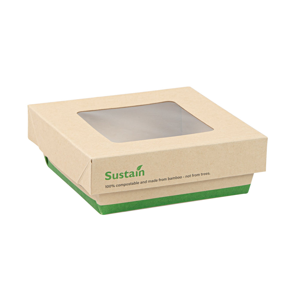 Sustain 13 oz Bamboo Paper Small Take Out Container - with PLA Lining and Window, Compostable - 4 1/2" x 4 1/2" x 1 1/2" - 50 count box