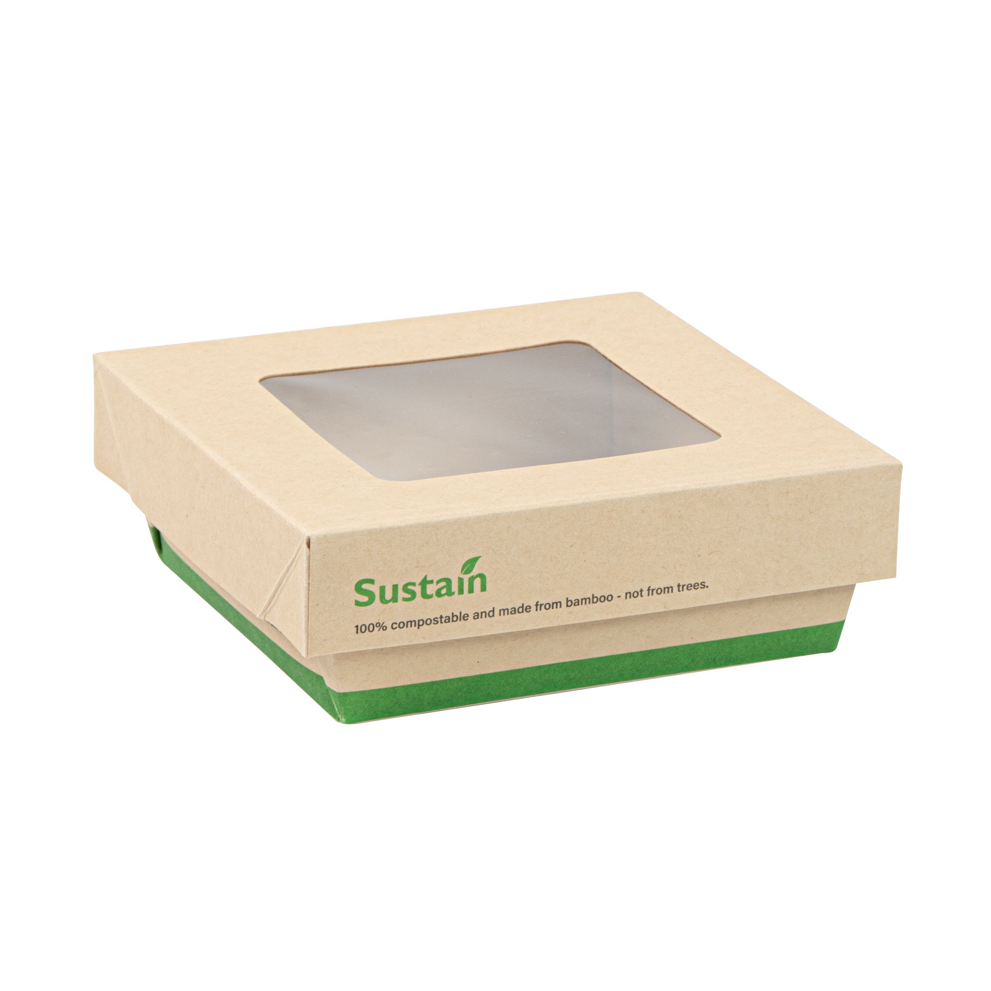 Sustain 13 oz Bamboo Paper Small Take Out Container - with PLA Lining and Window, Compostable - 4 1/2" x 4 1/2" x 1 1/2" - 50 count box