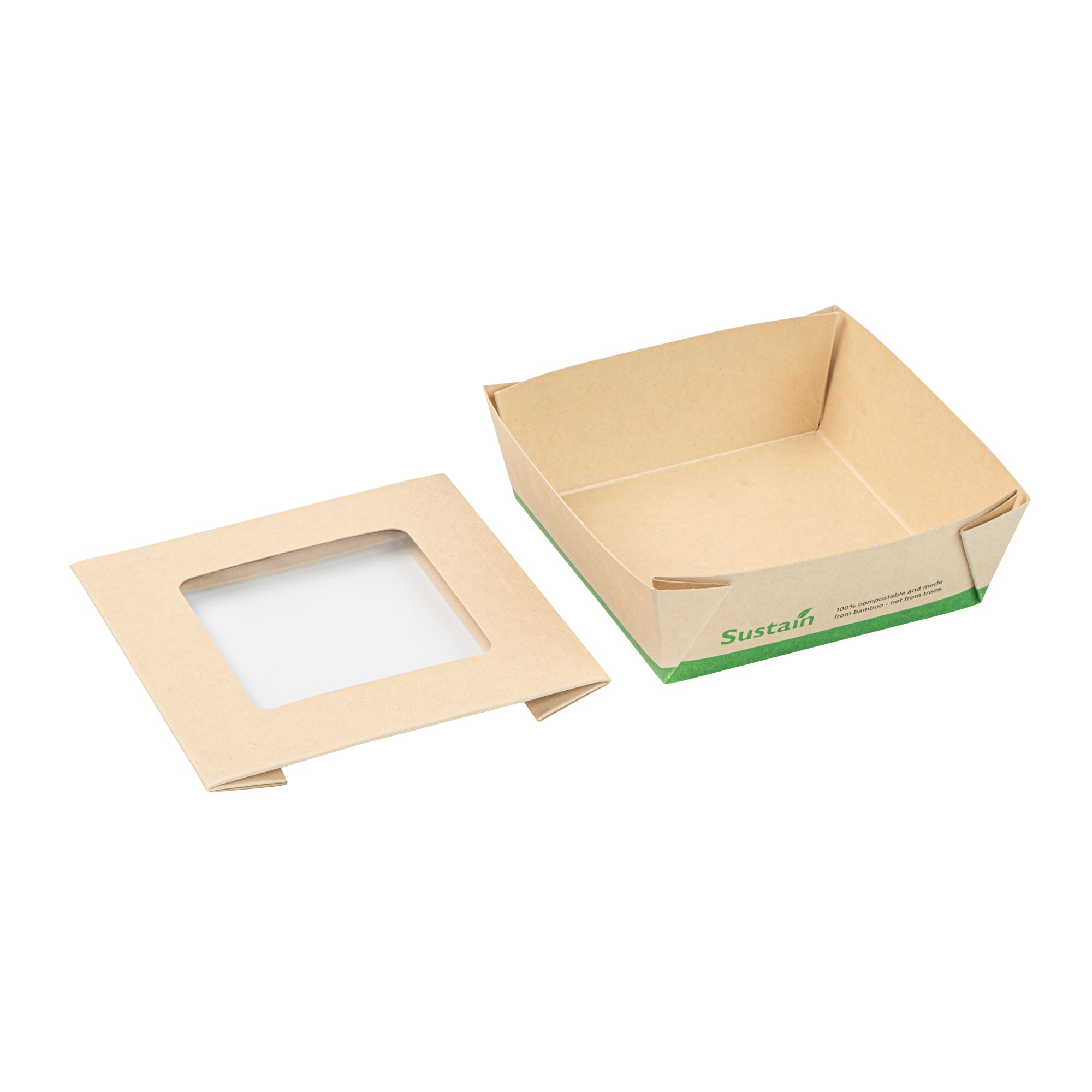 Sustain 13 oz Bamboo Paper Small Take Out Container - with PLA Lining and Window, Compostable - 4 1/2" x 4 1/2" x 1 1/2" - 50 count box