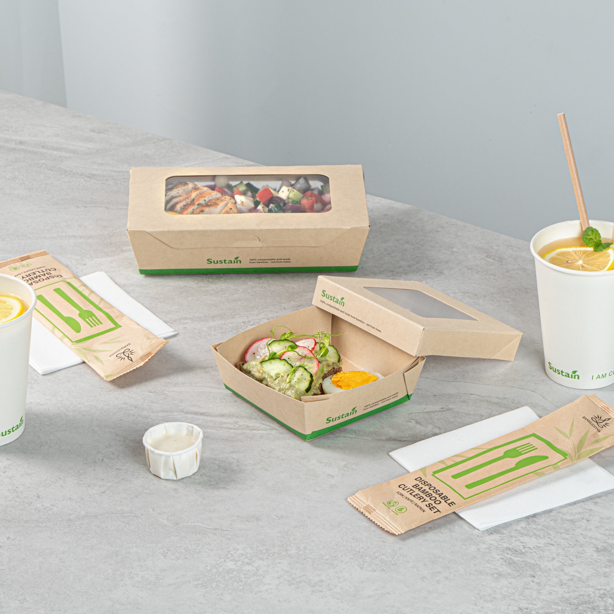 Sustain 13 oz Bamboo Paper Small Take Out Container - with PLA Lining and Window, Compostable - 4 1/2" x 4 1/2" x 1 1/2" - 50 count box