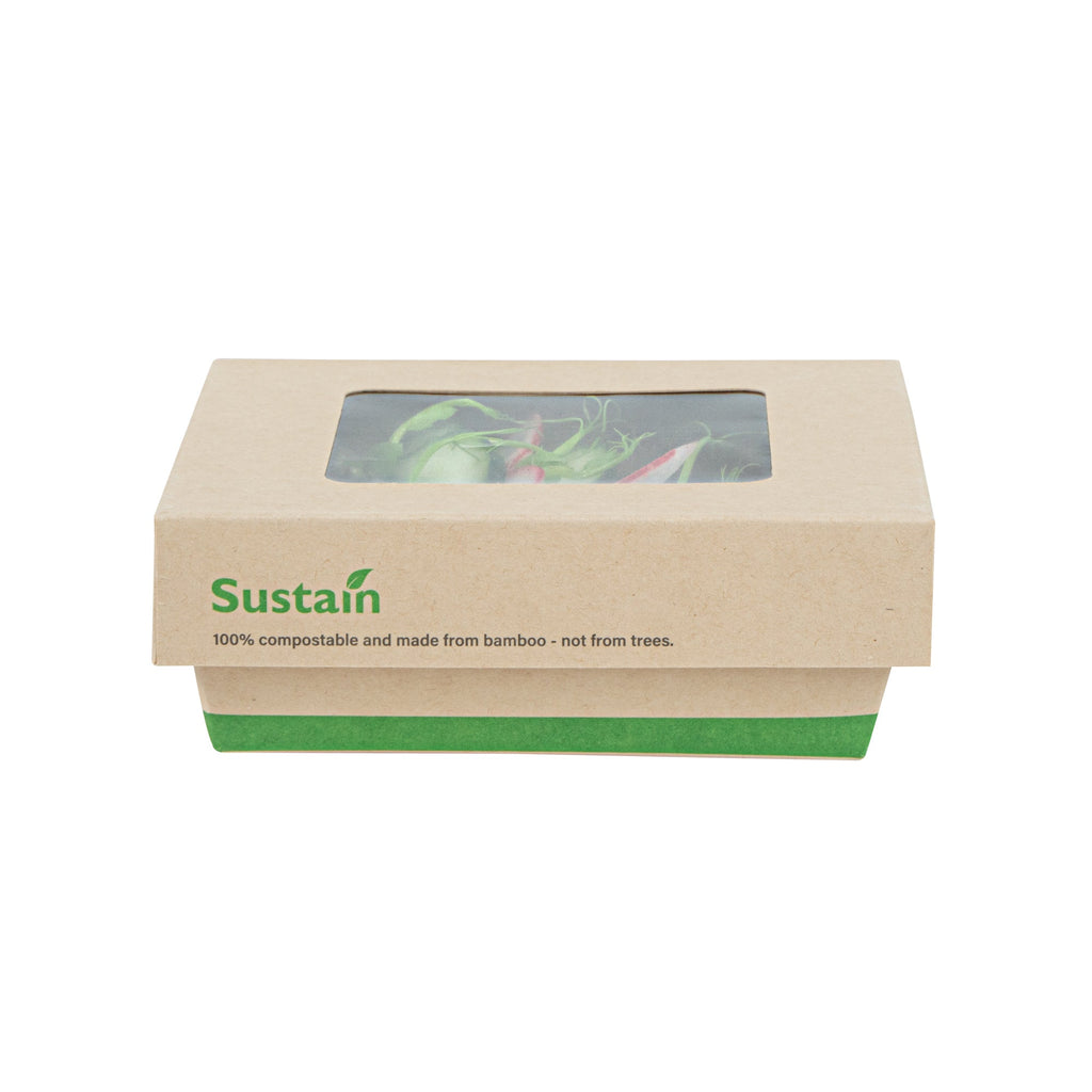 Sustain 13 oz Bamboo Paper Small Take Out Container - with PLA Lining and Window, Compostable - 4 1/2" x 4 1/2" x 1 1/2" - 200 count box