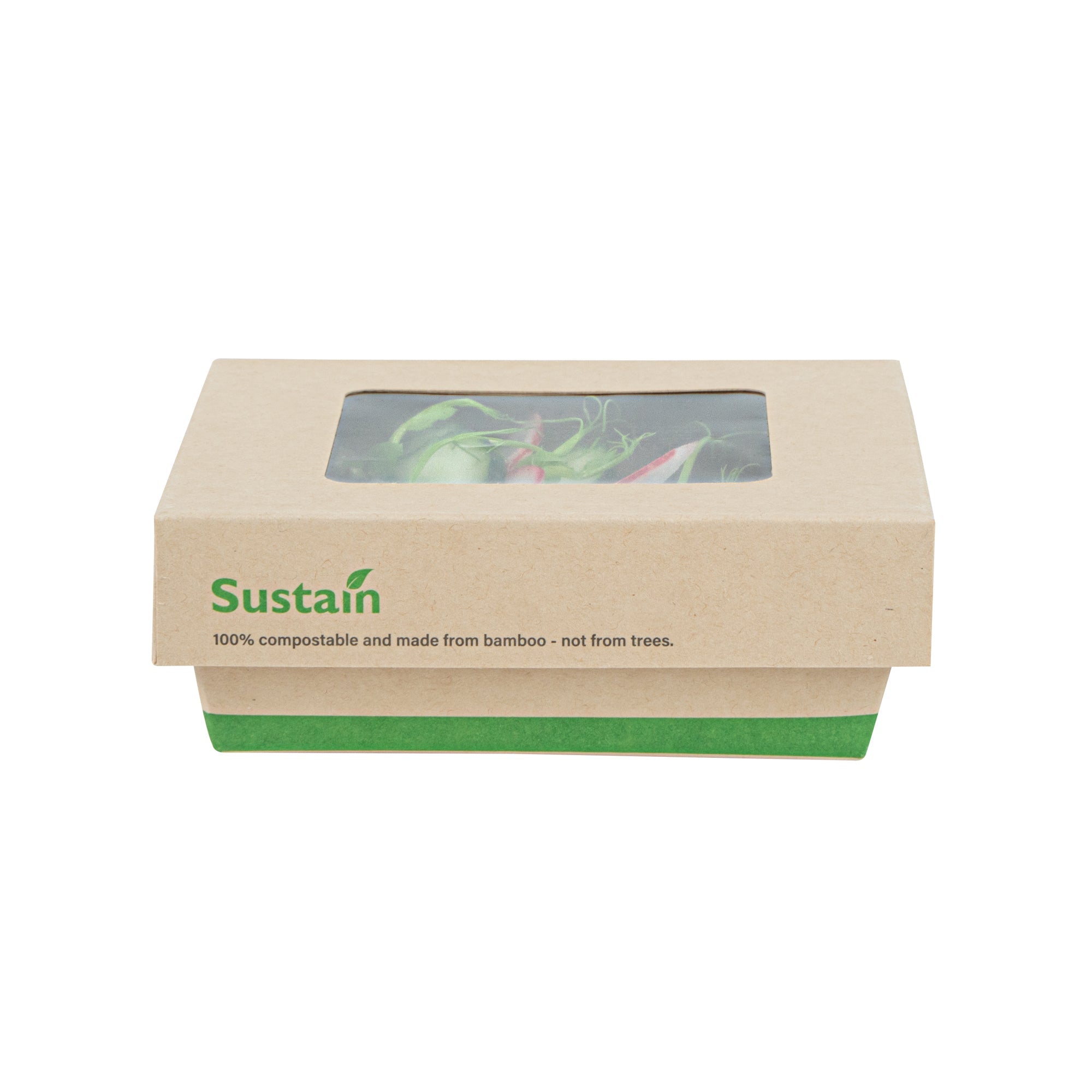 Sustain 13 oz Bamboo Paper Small Take Out Container - with PLA Lining and Window, Compostable - 4 1/2" x 4 1/2" x 1 1/2" - 200 count box