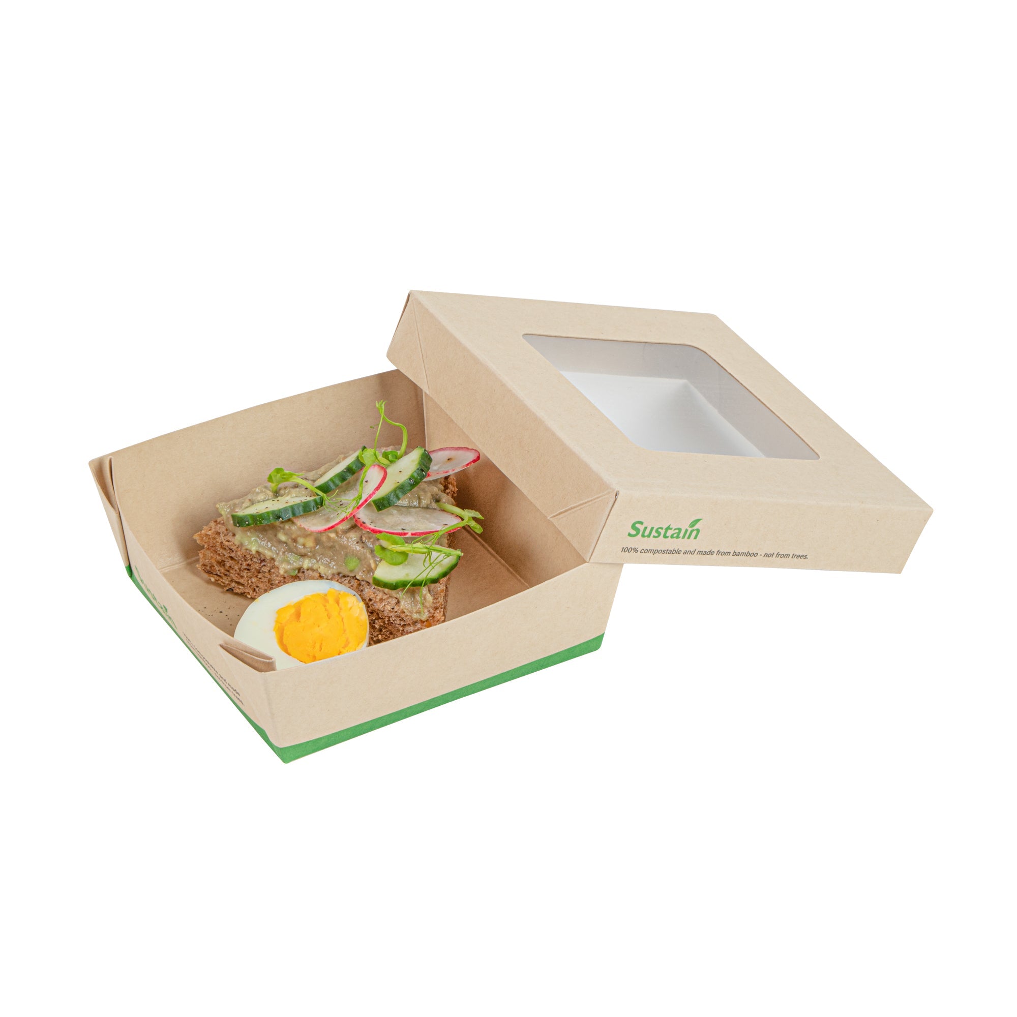 Sustain 13 oz Bamboo Paper Small Take Out Container - with PLA Lining and Window, Compostable - 4 1/2" x 4 1/2" x 1 1/2" - 200 count box
