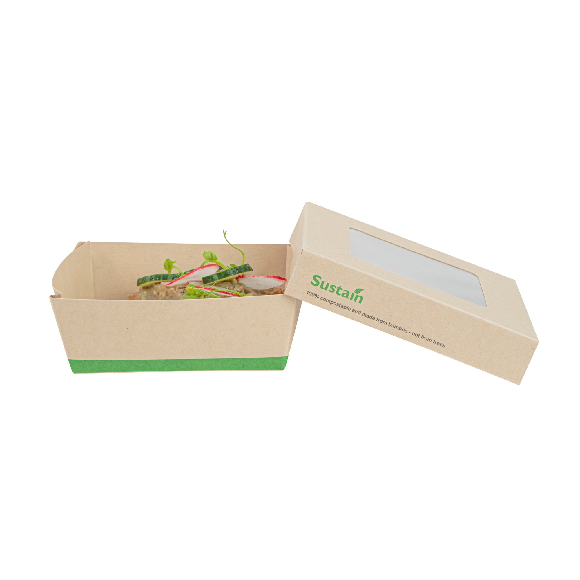 Sustain 13 oz Bamboo Paper Small Take Out Container - with PLA Lining and Window, Compostable - 4 1/2" x 4 1/2" x 1 1/2" - 200 count box