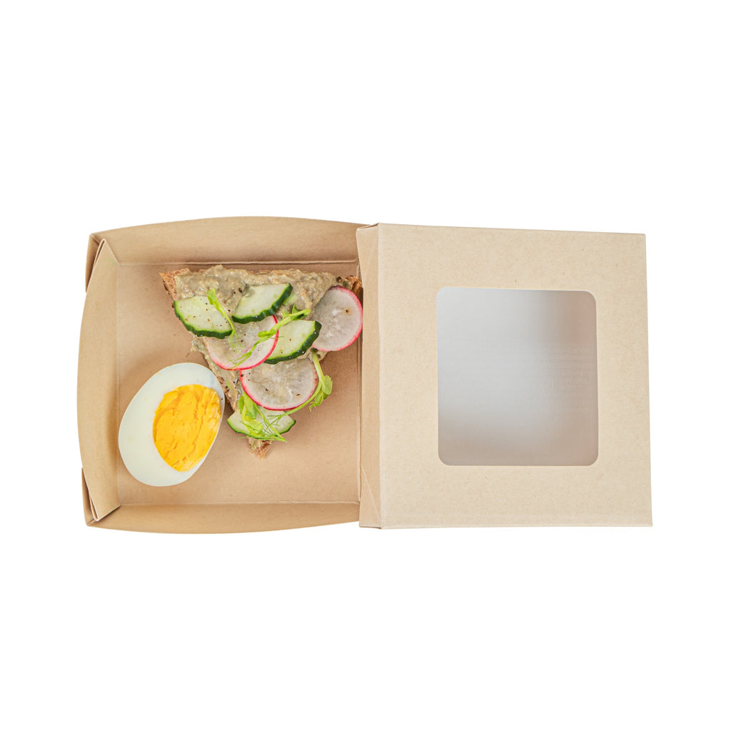 Sustain 13 oz Bamboo Paper Small Take Out Container - with PLA Lining and Window, Compostable - 4 1/2" x 4 1/2" x 1 1/2" - 200 count box