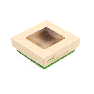 Sustain 13 oz Bamboo Paper Small Take Out Container - with PLA Lining and Window, Compostable - 4 1/2" x 4 1/2" x 1 1/2" - 200 count box