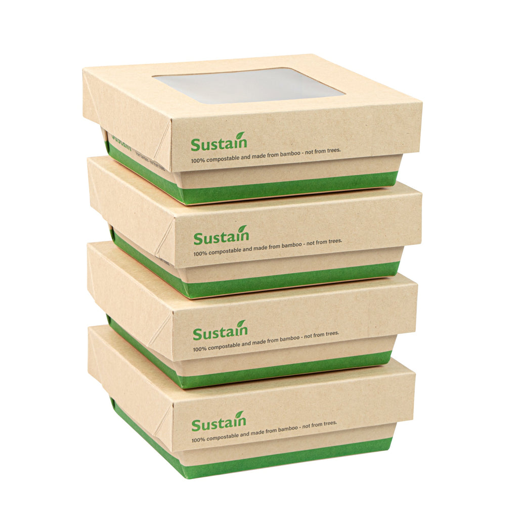 Sustain 13 oz Bamboo Paper Small Take Out Container - with PLA Lining and Window, Compostable - 4 1/2" x 4 1/2" x 1 1/2" - 200 count box