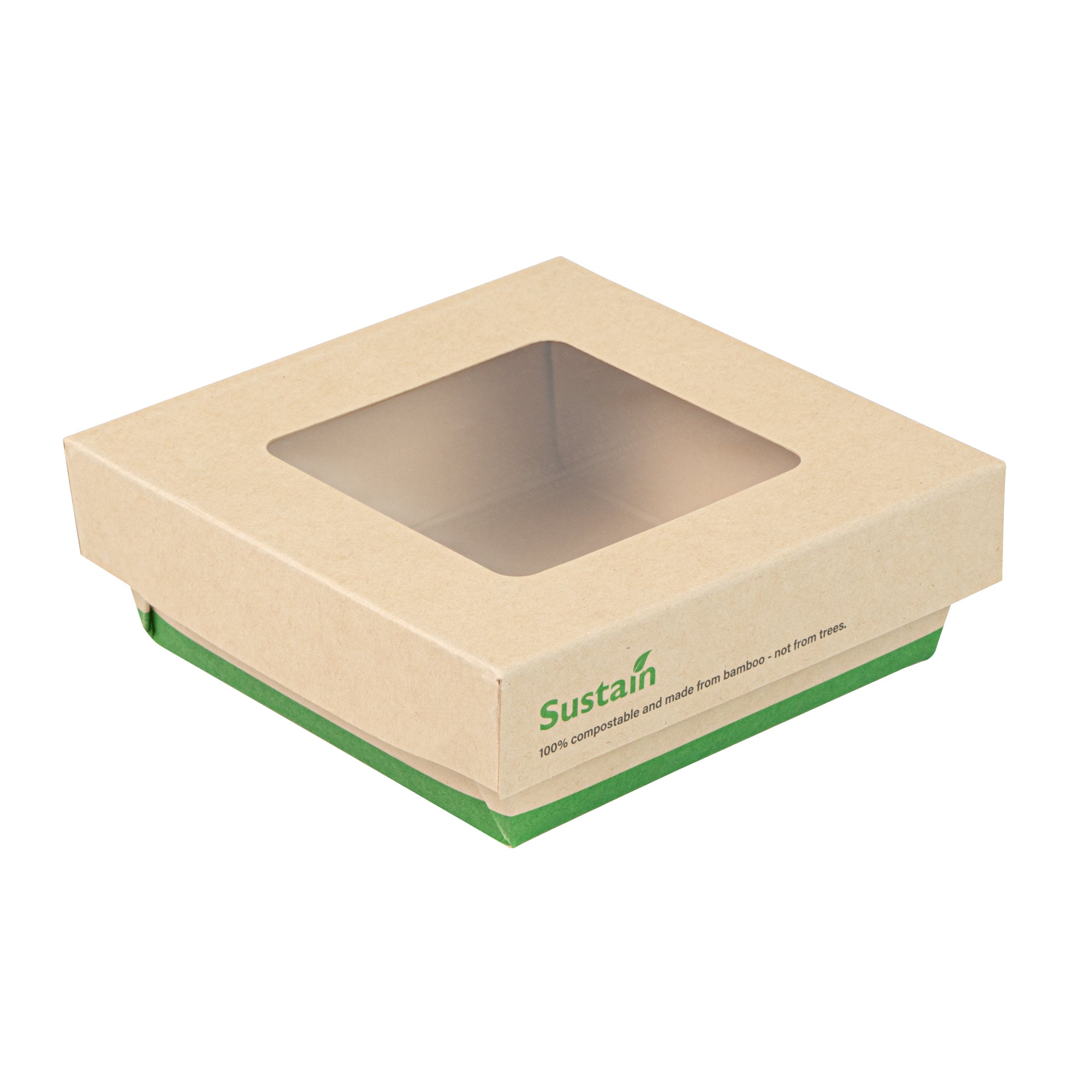 Sustain 13 oz Bamboo Paper Small Take Out Container - with PLA Lining and Window, Compostable - 4 1/2" x 4 1/2" x 1 1/2" - 200 count box