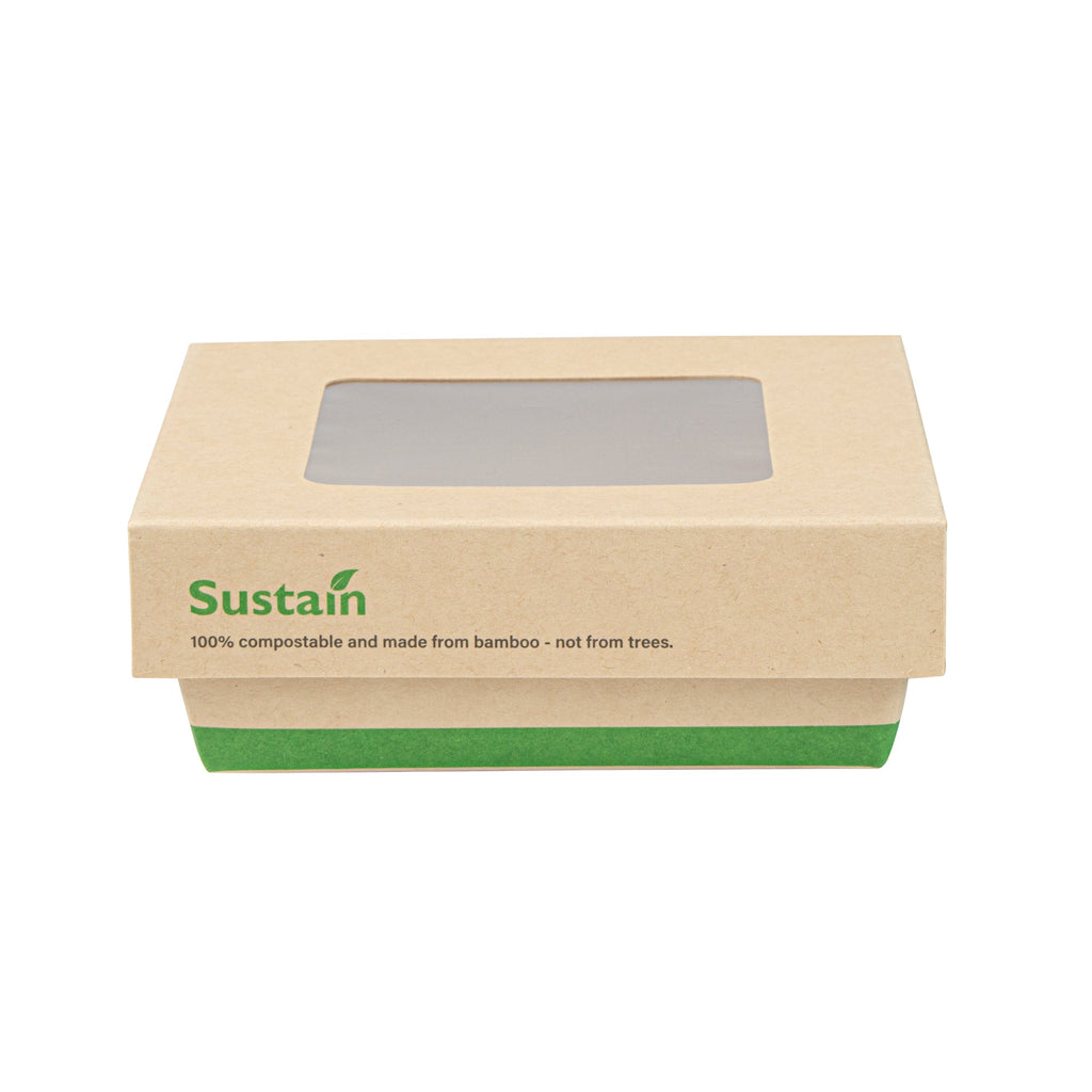 Sustain 13 oz Bamboo Paper Small Take Out Container - with PLA Lining and Window, Compostable - 4 1/2" x 4 1/2" x 1 1/2" - 200 count box