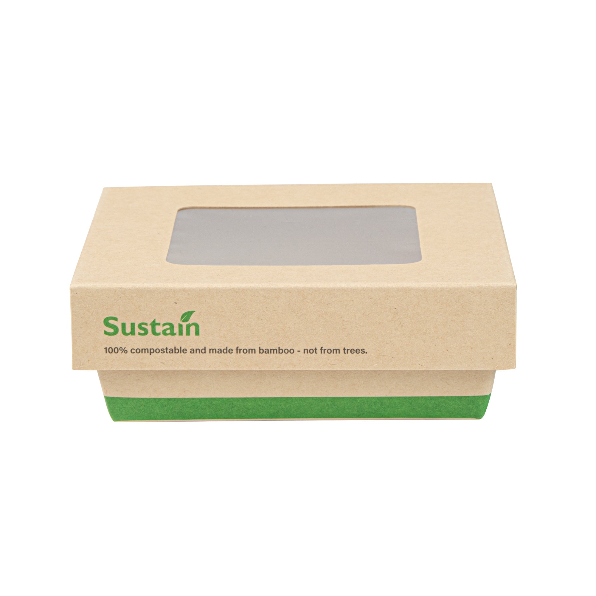 Sustain 13 oz Bamboo Paper Small Take Out Container - with PLA Lining and Window, Compostable - 4 1/2" x 4 1/2" x 1 1/2" - 200 count box