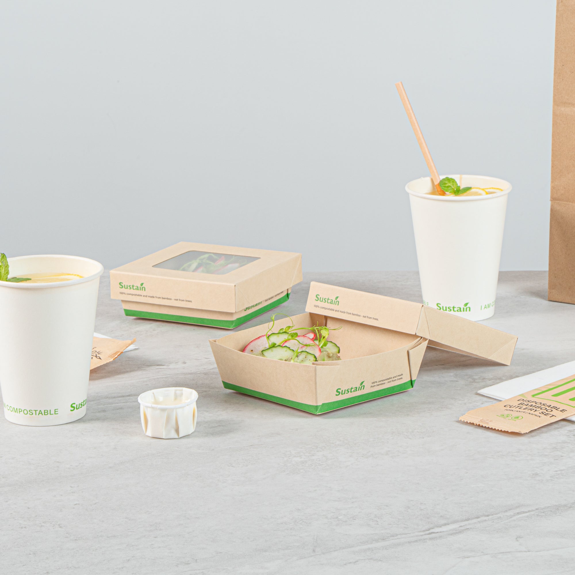 Sustain 13 oz Bamboo Paper Small Take Out Container - with PLA Lining and Window, Compostable - 4 1/2" x 4 1/2" x 1 1/2" - 200 count box
