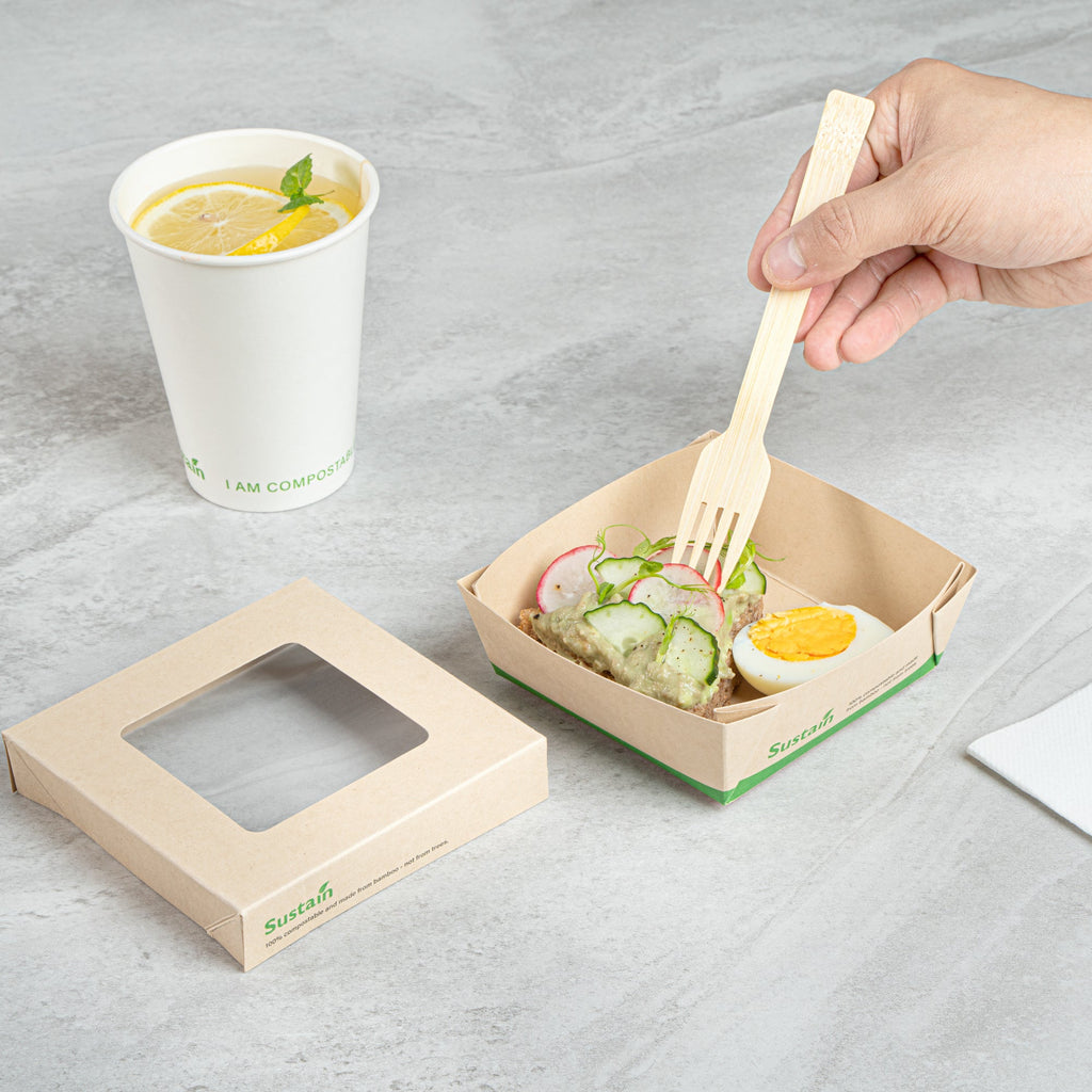 Sustain 13 oz Bamboo Paper Small Take Out Container - with PLA Lining and Window, Compostable - 4 1/2" x 4 1/2" x 1 1/2" - 200 count box