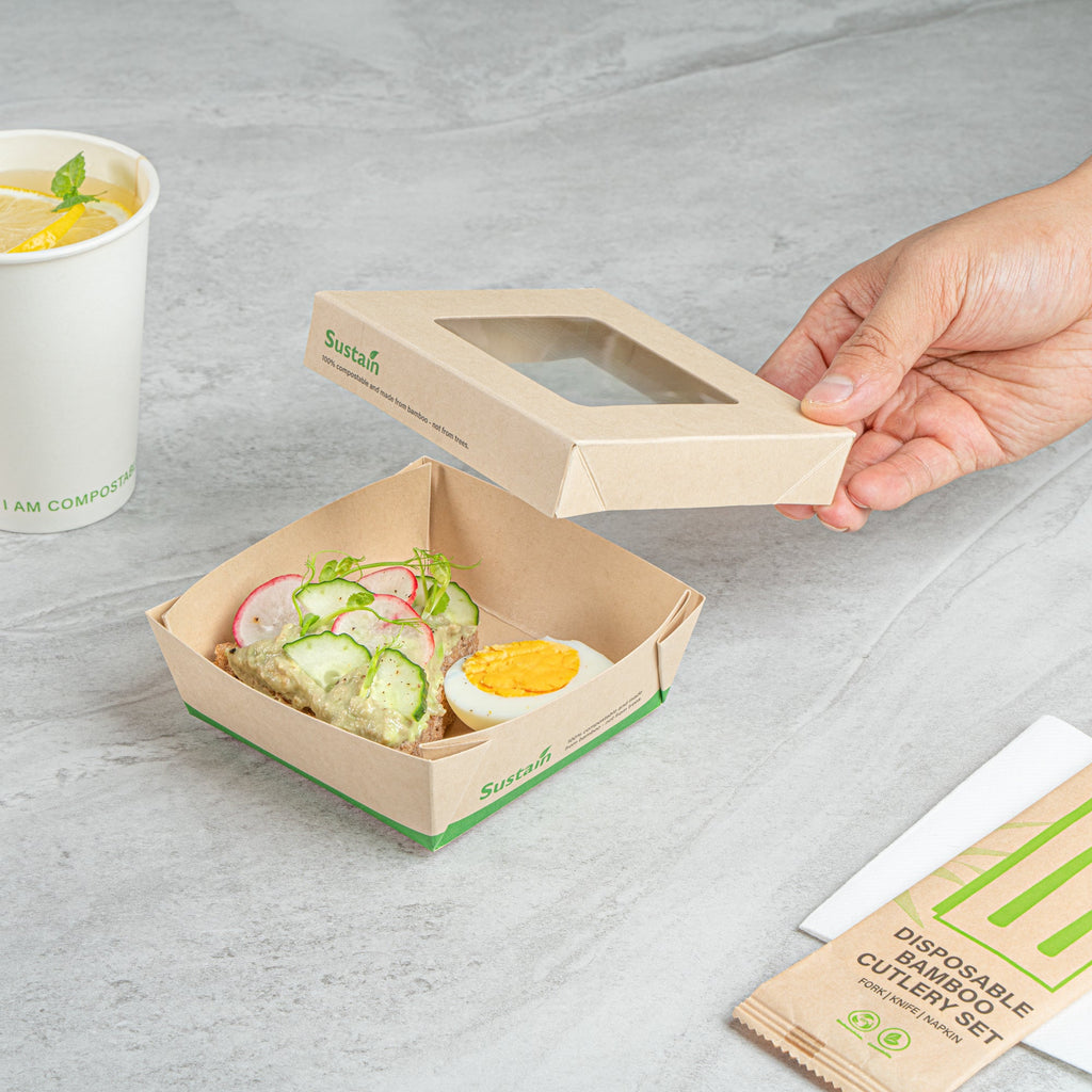 Sustain 13 oz Bamboo Paper Small Take Out Container - with PLA Lining and Window, Compostable - 4 1/2" x 4 1/2" x 1 1/2" - 200 count box