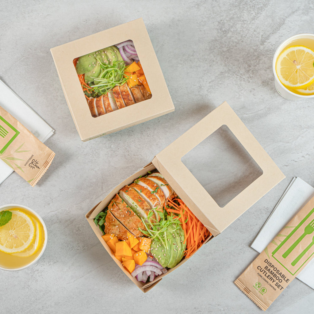 Sustain 27 oz Bamboo Paper Medium Take Out Container - with PLA Lining and Window, Compostable - 5 1/4" x 5 1/4" x 2" - 200 count box