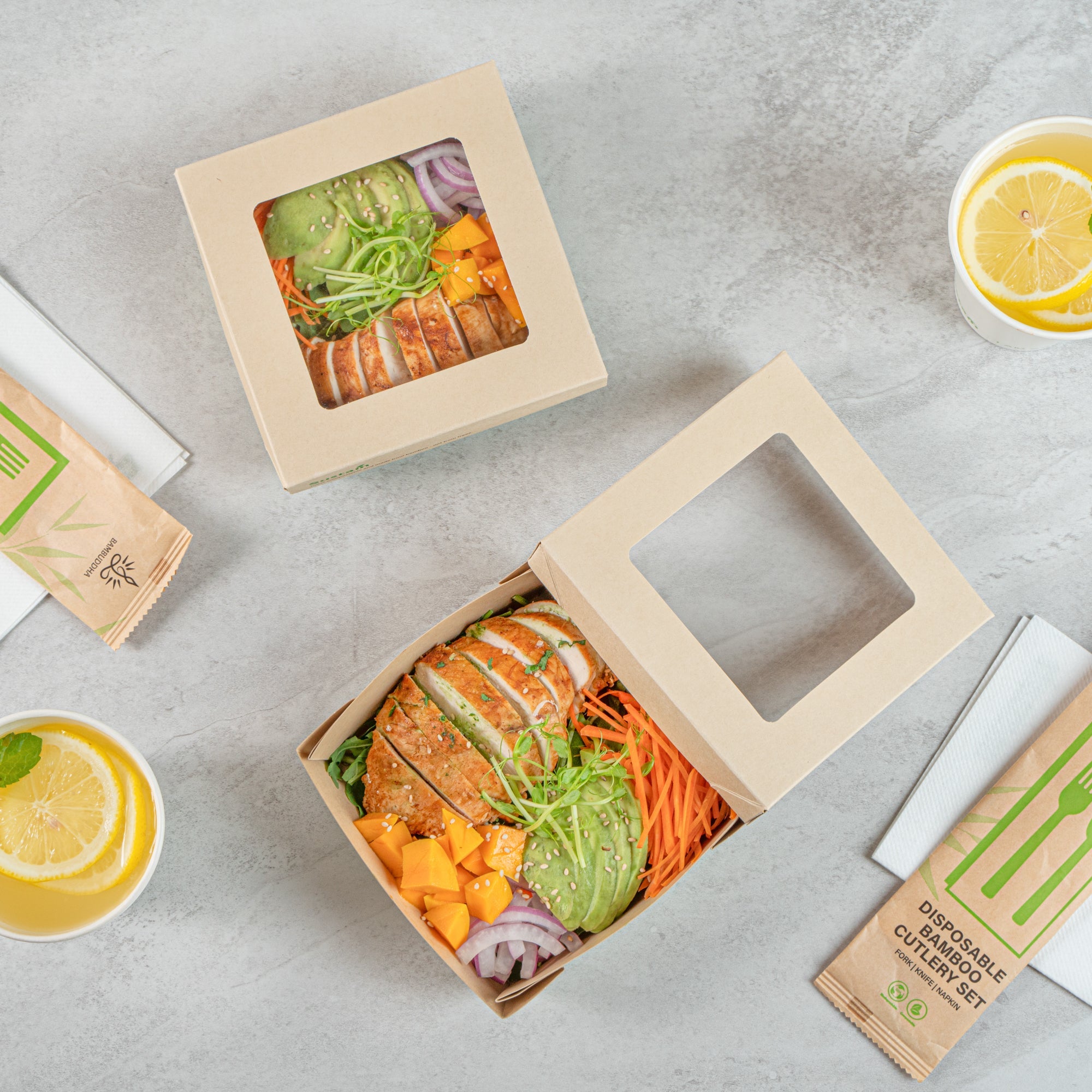 Sustain 27 oz Bamboo Paper Medium Take Out Container - with PLA Lining and Window, Compostable - 5 1/4" x 5 1/4" x 2" - 50 count box