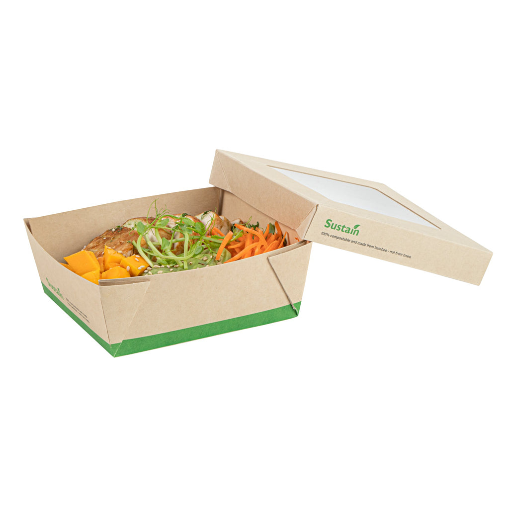 Sustain 27 oz Bamboo Paper Medium Take Out Container - with PLA Lining and Window, Compostable - 5 1/4" x 5 1/4" x 2" - 50 count box