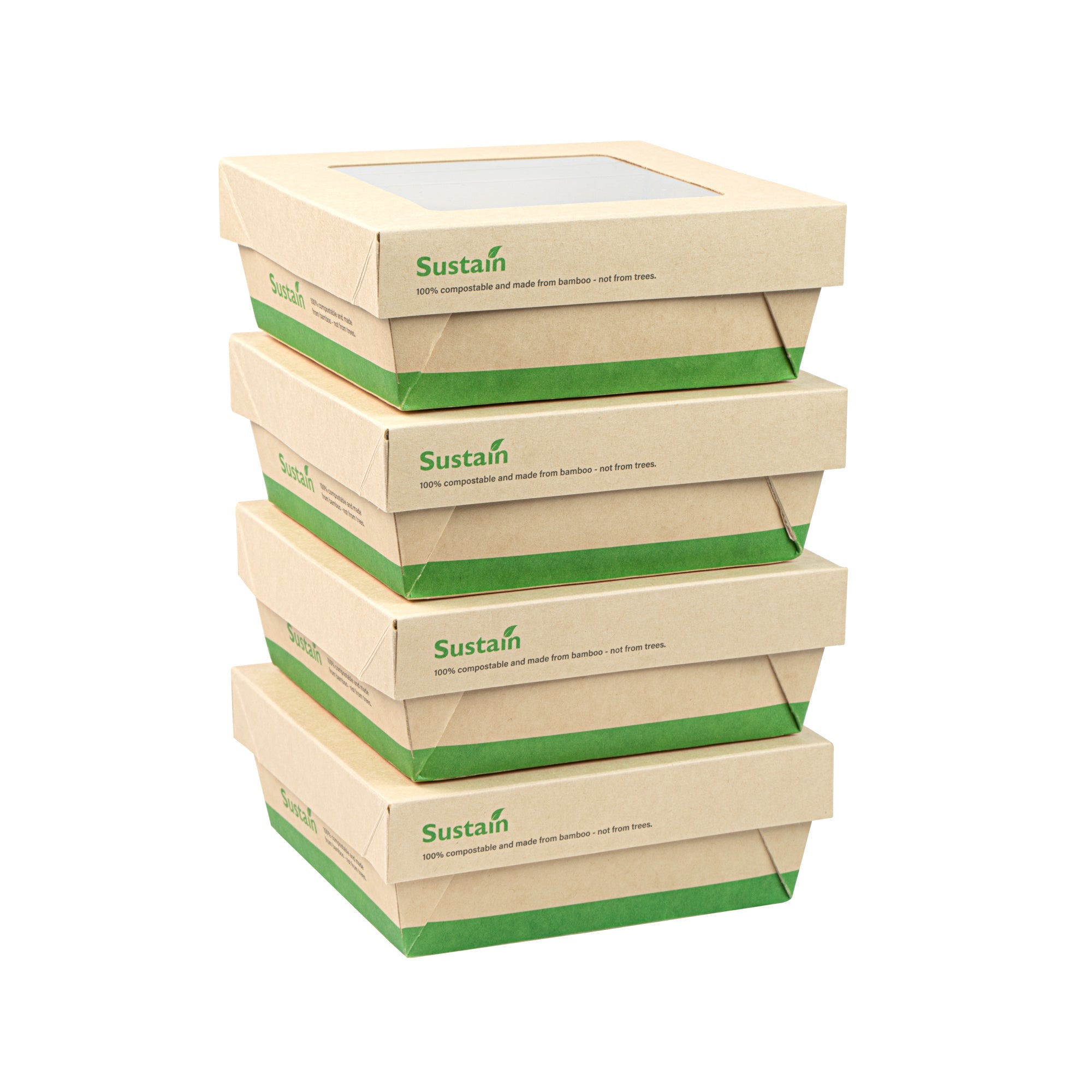 Sustain 27 oz Bamboo Paper Medium Take Out Container - with PLA Lining and Window, Compostable - 5 1/4" x 5 1/4" x 2" - 50 count box