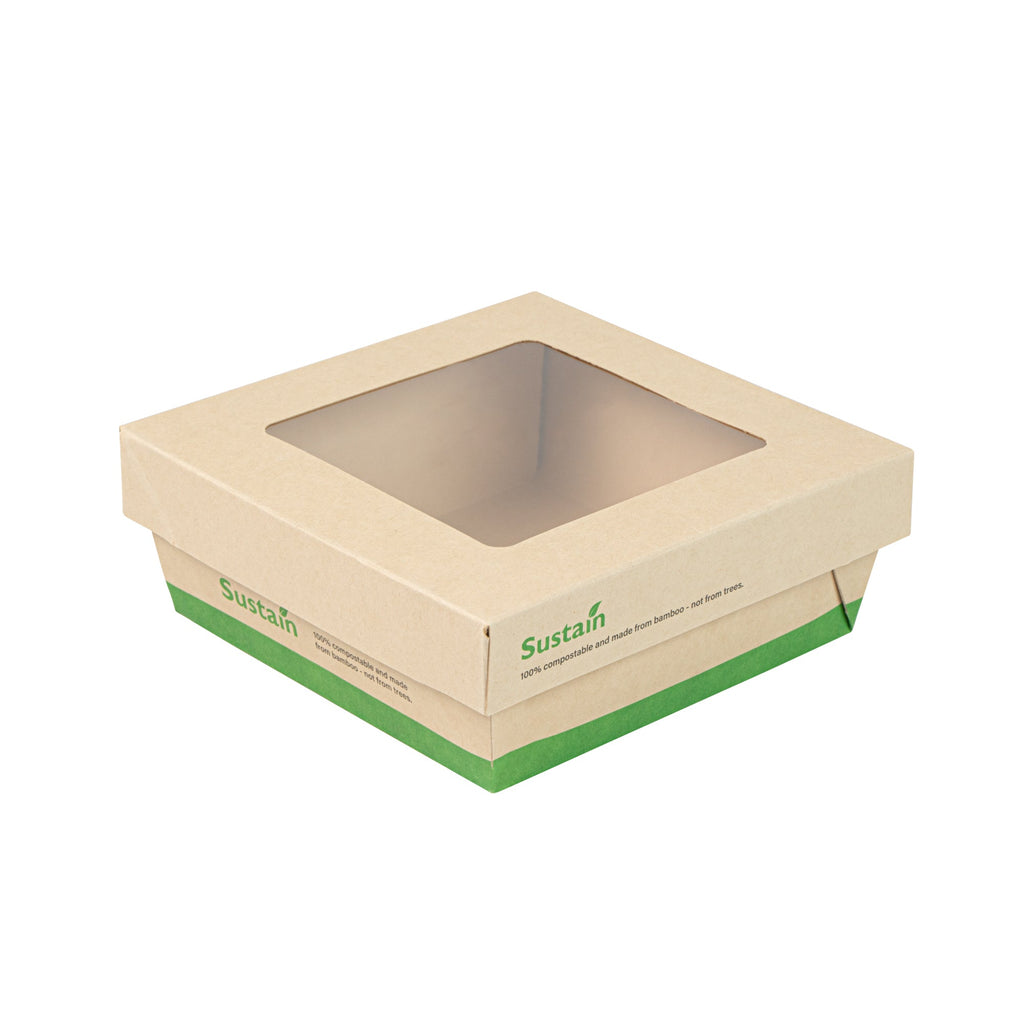 Sustain 27 oz Bamboo Paper Medium Take Out Container - with PLA Lining and Window, Compostable - 5 1/4" x 5 1/4" x 2" - 50 count box