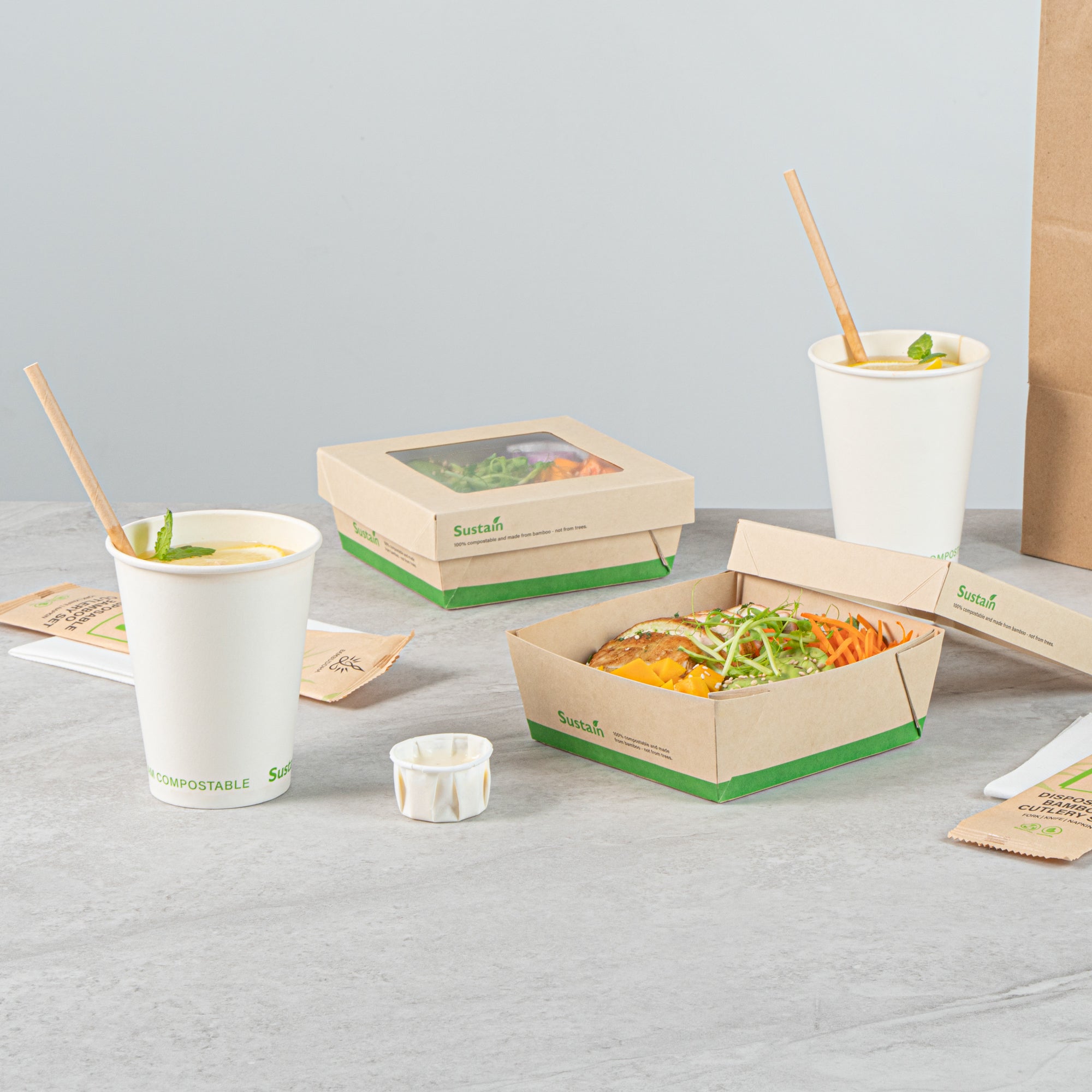 Sustain 27 oz Bamboo Paper Medium Take Out Container - with PLA Lining and Window, Compostable - 5 1/4" x 5 1/4" x 2" - 50 count box