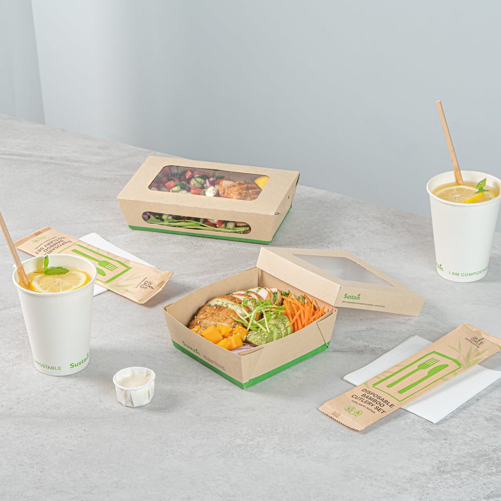 Sustain 27 oz Bamboo Paper Medium Take Out Container - with PLA Lining and Window, Compostable - 5 1/4" x 5 1/4" x 2" - 50 count box