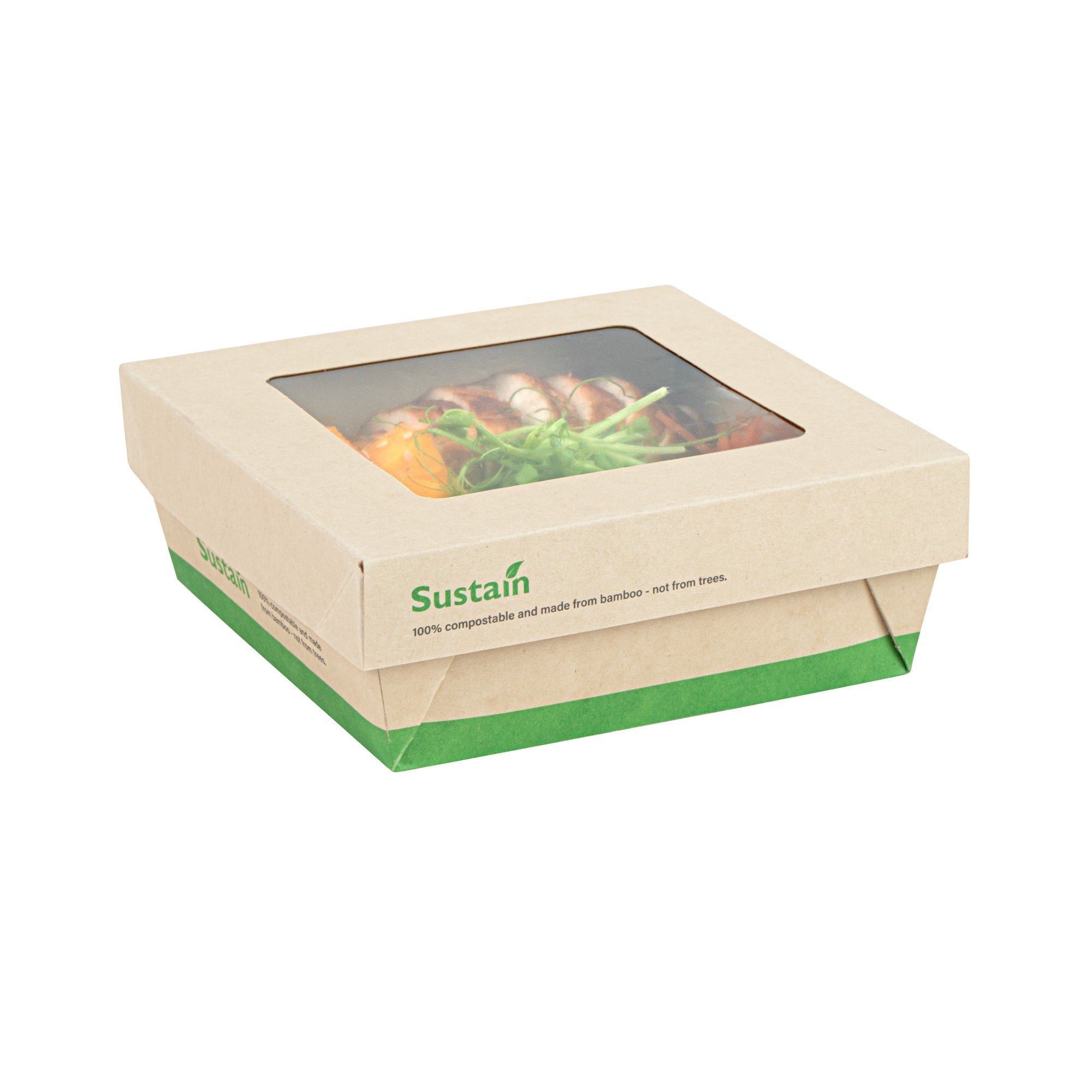 Sustain 27 oz Bamboo Paper Medium Take Out Container - with PLA Lining and Window, Compostable - 5 1/4" x 5 1/4" x 2" - 200 count box