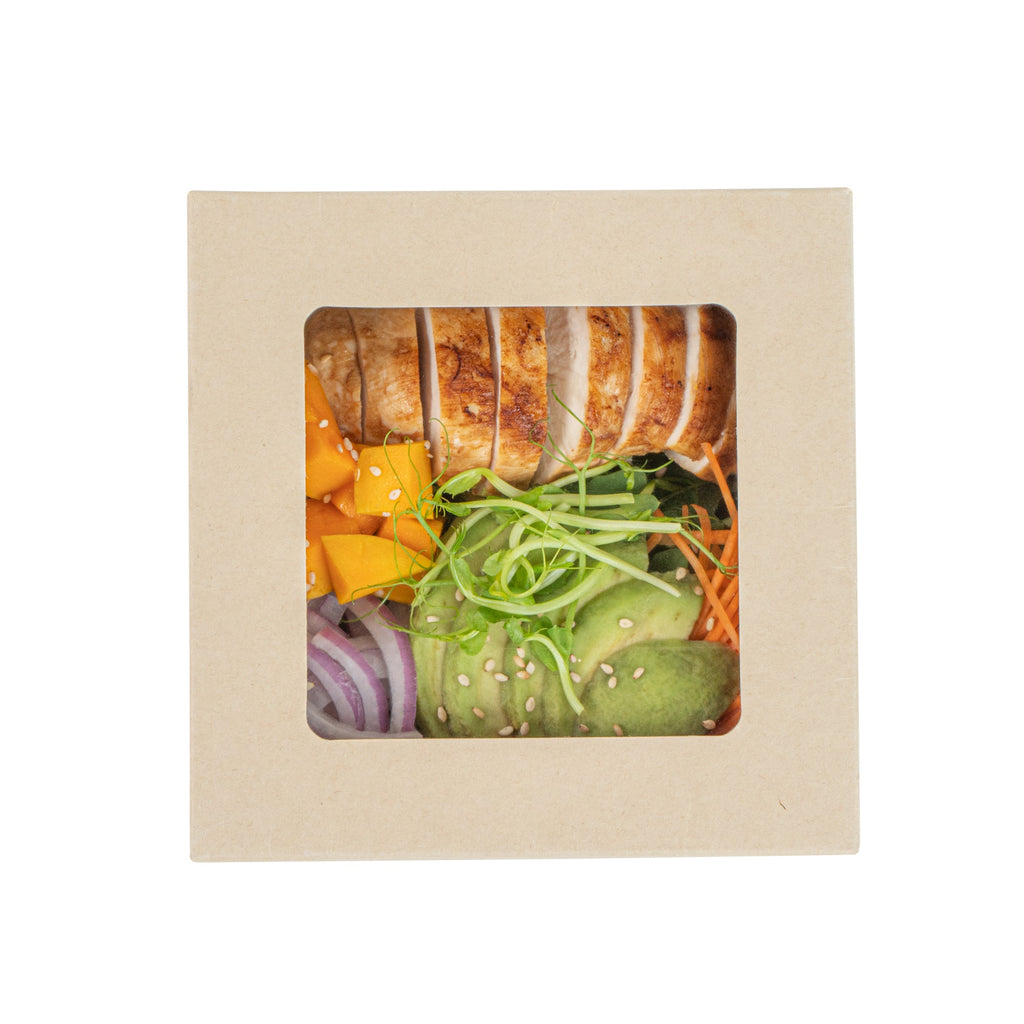 Sustain 27 oz Bamboo Paper Medium Take Out Container - with PLA Lining and Window, Compostable - 5 1/4" x 5 1/4" x 2" - 200 count box